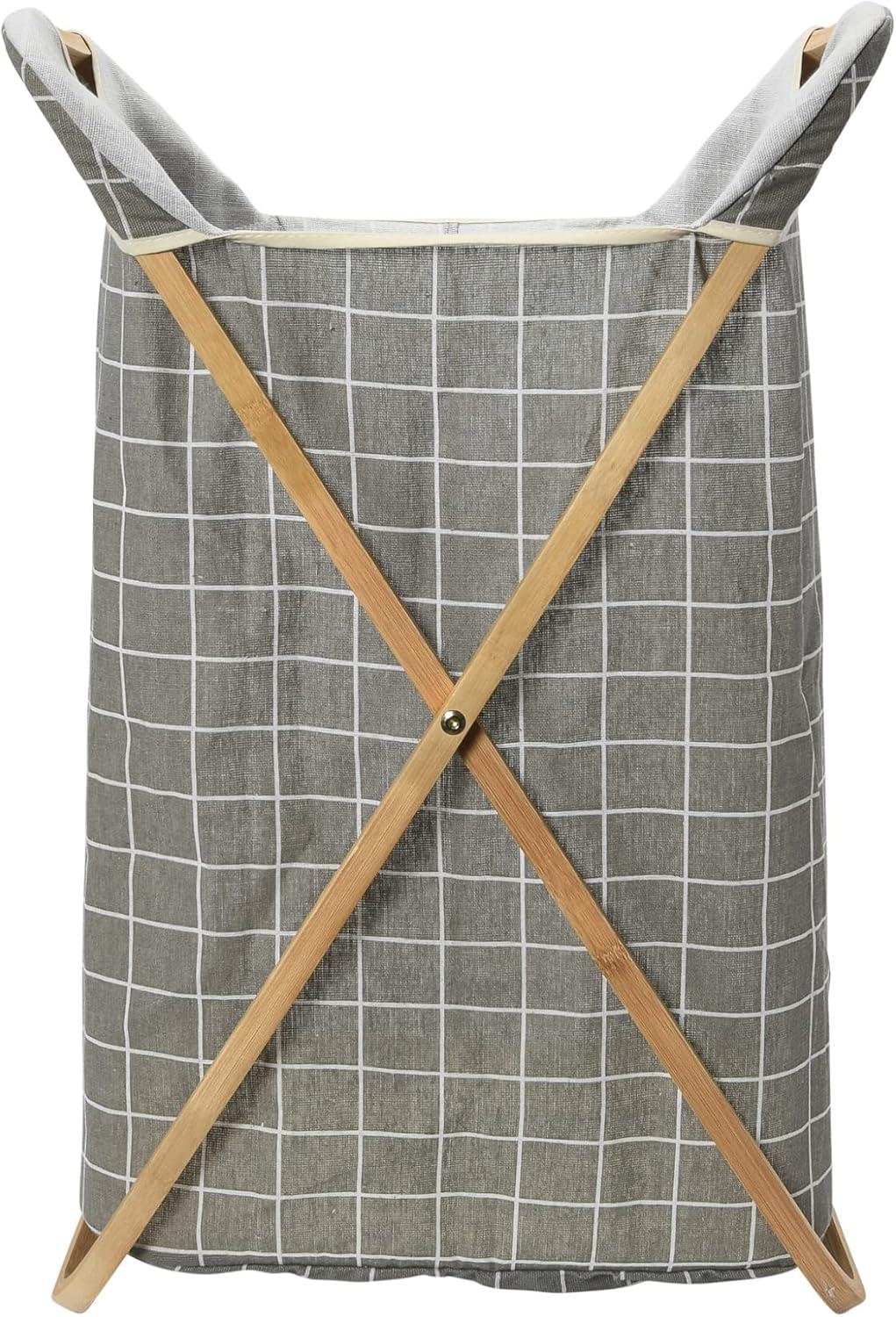 image:imageHousehold Essentials Bamboo X Frame Hamper with Grid Pattern GrayPlaid