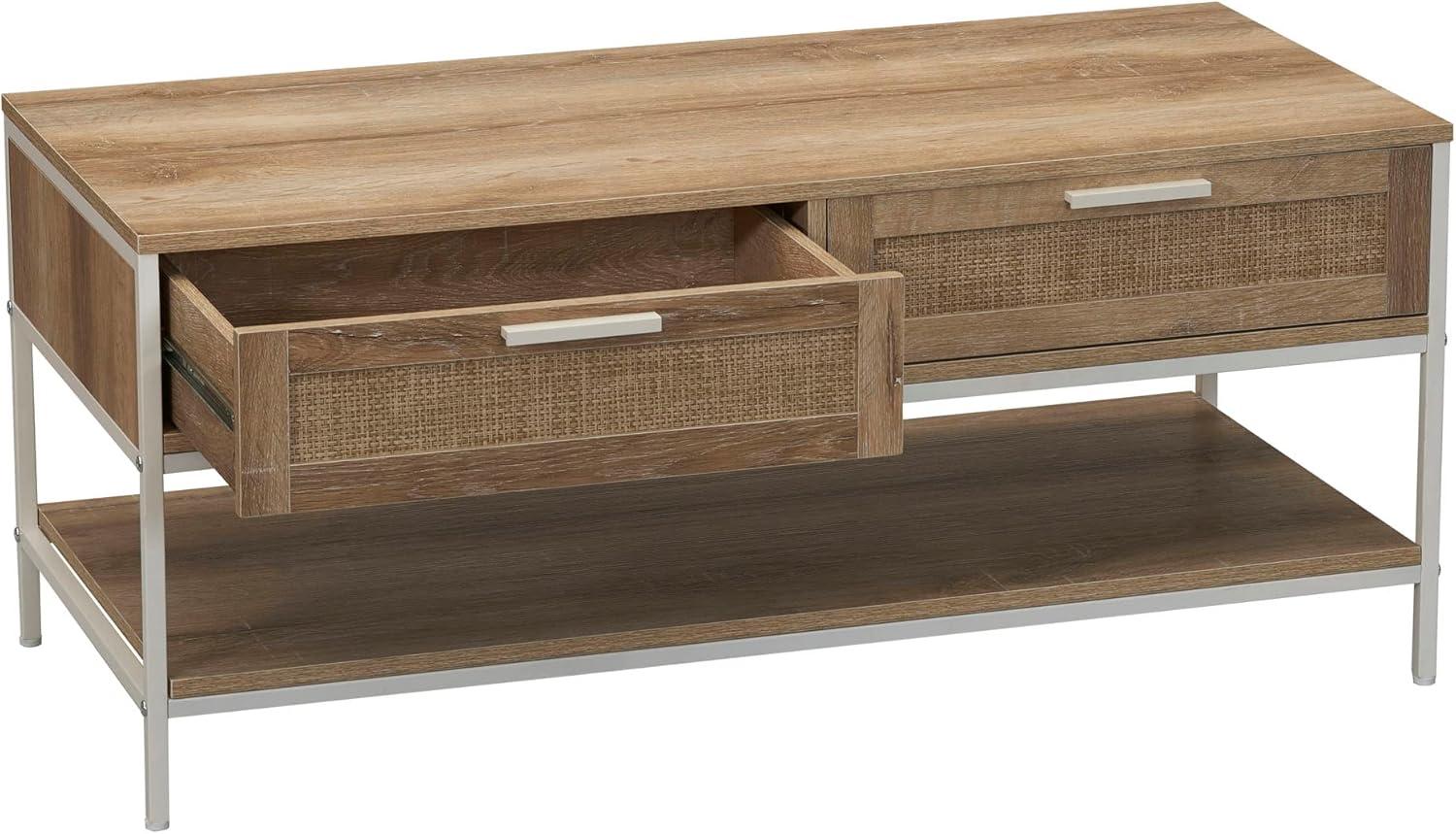 image:imageHousehold Essentials Bungalow Rectangular Coffee Table with Storage Shelf and 2 Drawers Coastal Oak Rustic Wood Grain Woven Front and White Metal