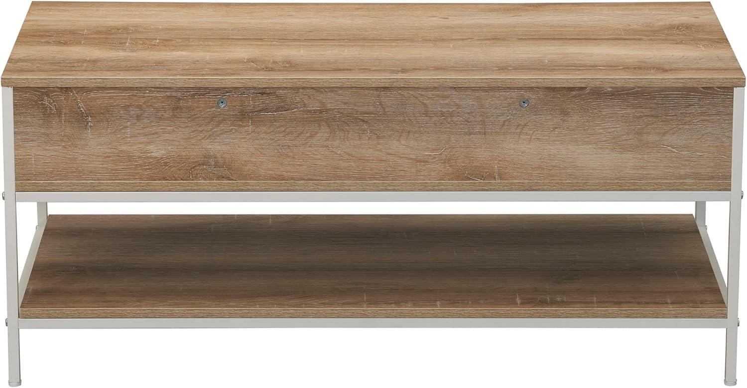 image:imageHousehold Essentials Bungalow Rectangular Coffee Table with Storage Shelf and 2 Drawers Coastal Oak Rustic Wood Grain Woven Front and White Metal