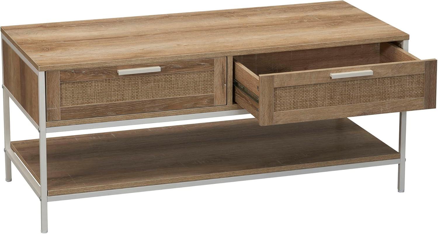 image:imageHousehold Essentials Bungalow Rectangular Coffee Table with Storage Shelf and 2 Drawers Coastal Oak Rustic Wood Grain Woven Front and White Metal