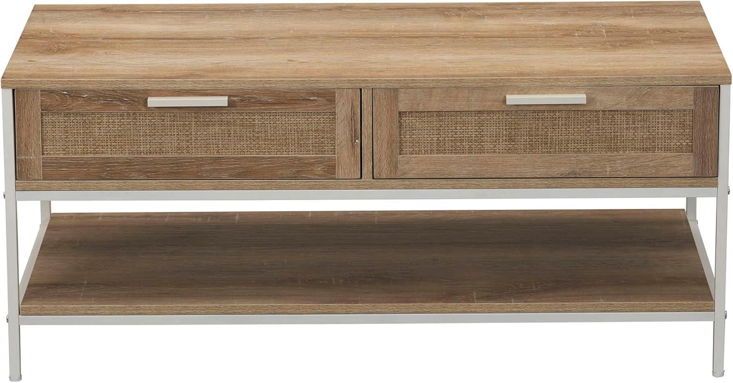 image:imageHousehold Essentials Bungalow Rectangular Coffee Table with Storage Shelf and 2 Drawers Coastal Oak Rustic Wood Grain Woven Front and White Metal