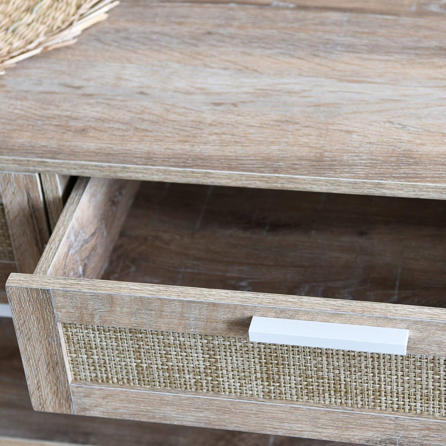 image:imageHousehold Essentials Bungalow Rectangular Console Sofa Table with Storage Shelf and 2 Drawers Black Oak Wood Grain Woven Front and Black MetalCoastal Oak Finish