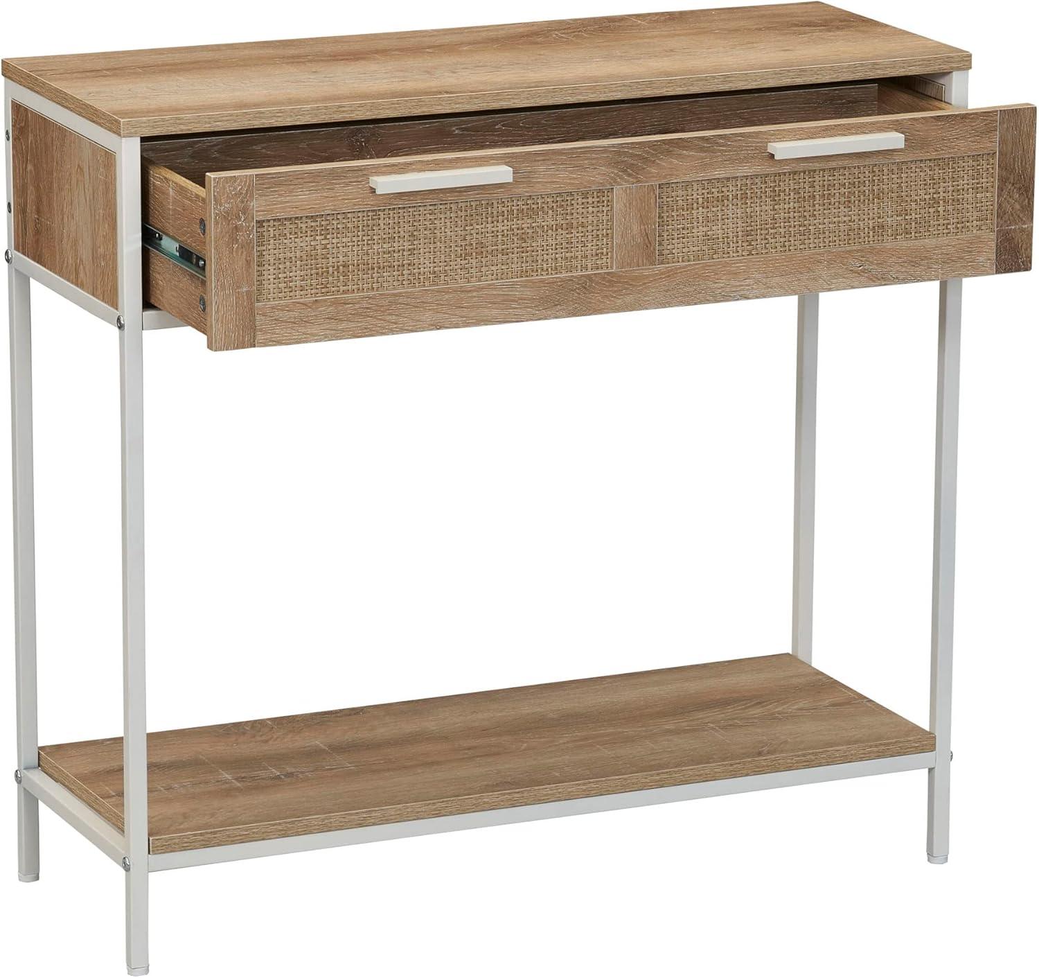 image:imageHousehold Essentials Bungalow Rectangular Console Sofa Table with Storage Shelf and 2 Drawers Black Oak Wood Grain Woven Front and Black MetalCoastal Oak Finish