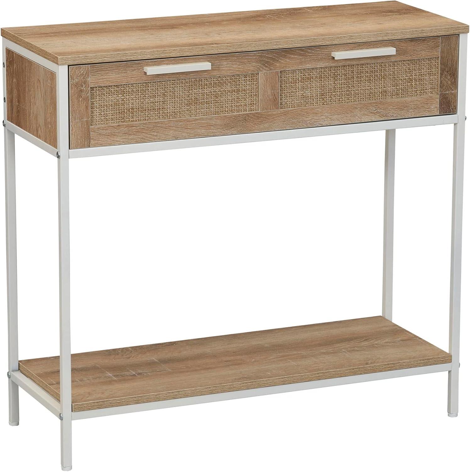image:imageHousehold Essentials Bungalow Rectangular Console Sofa Table with Storage Shelf and 2 Drawers Black Oak Wood Grain Woven Front and Black MetalCoastal Oak Finish