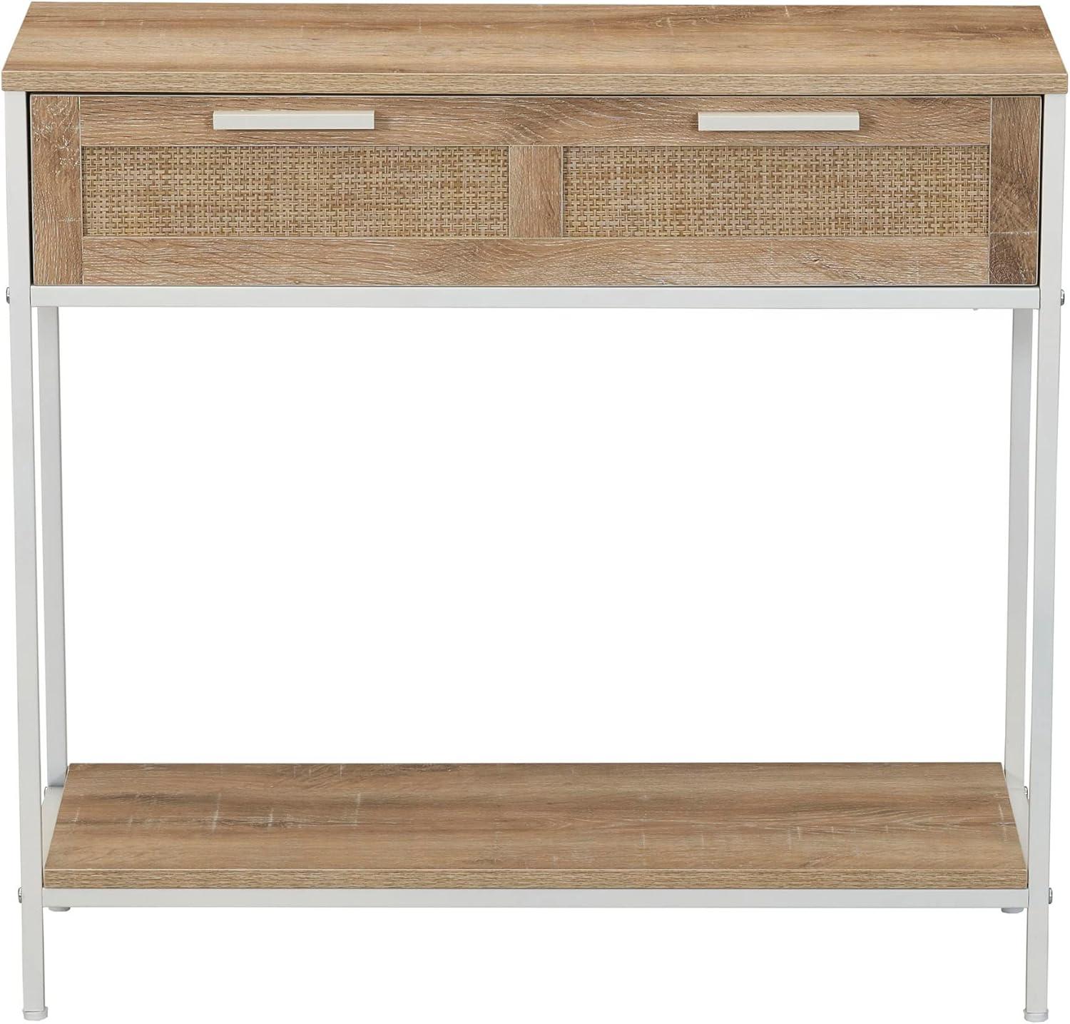 image:imageHousehold Essentials Bungalow Rectangular Console Sofa Table with Storage Shelf and 2 Drawers Black Oak Wood Grain Woven Front and Black MetalCoastal Oak Finish