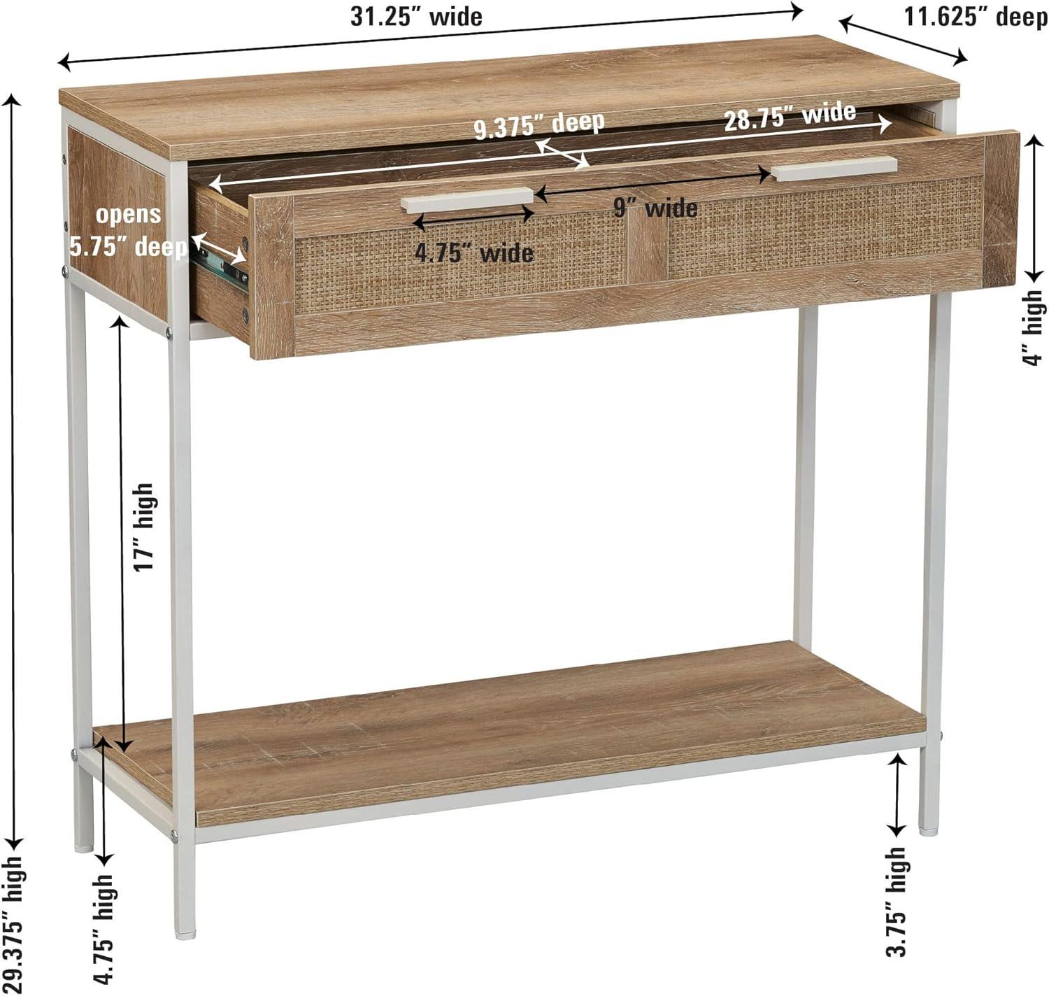 image:imageHousehold Essentials Bungalow Rectangular Console Sofa Table with Storage Shelf and 2 Drawers Black Oak Wood Grain Woven Front and Black MetalCoastal Oak Finish