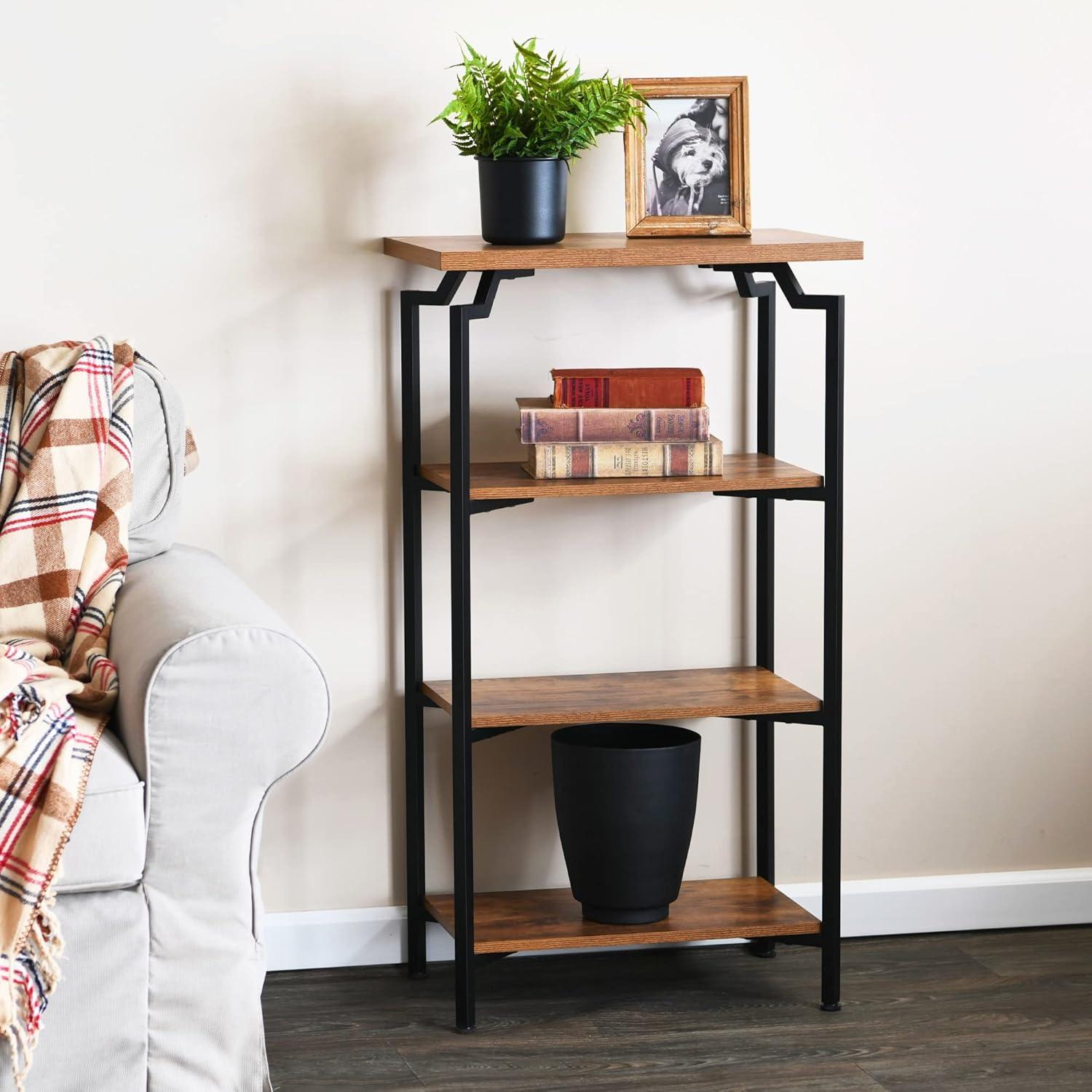 image:imageHousehold Essentials Crown Narrow 3 Shelf Open Storage Bookshelf Black Oak Wood Grain and Gold MetalRustic HickoryBlack