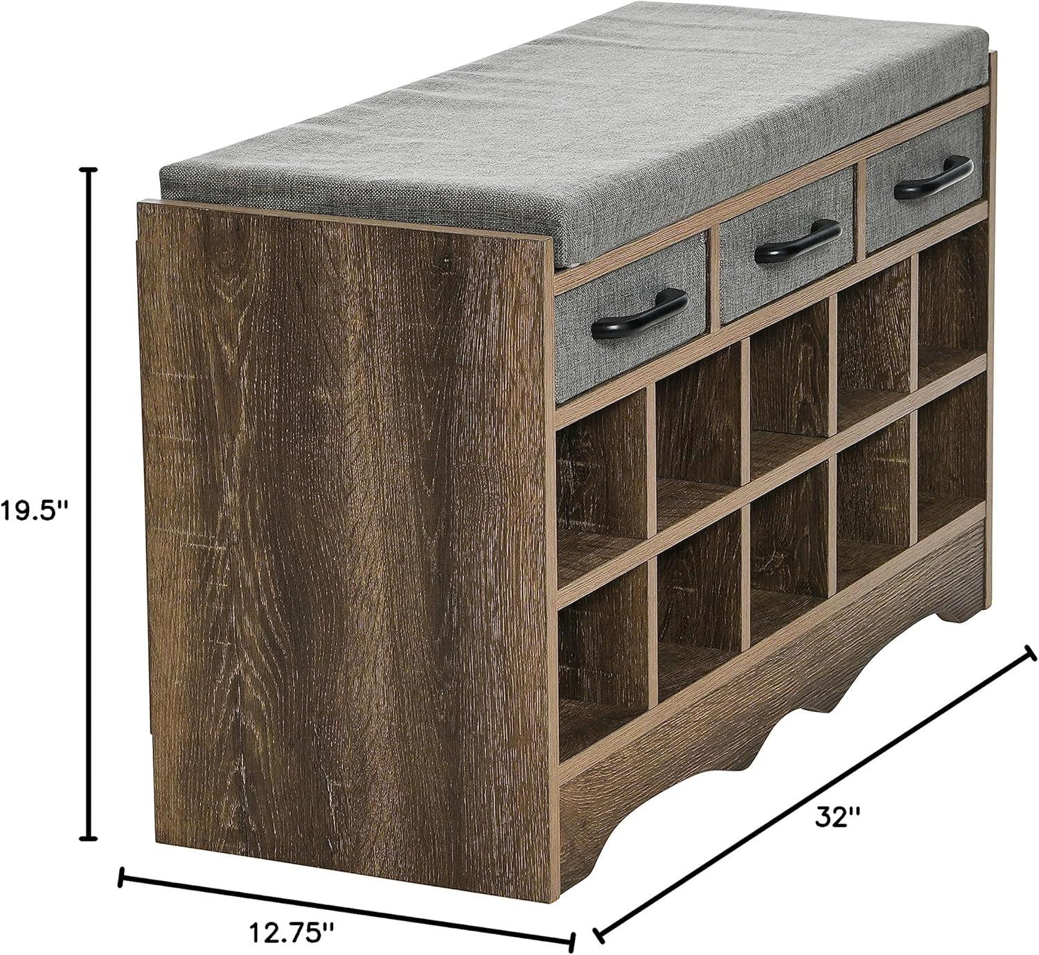 image:imageHousehold Essentials Entryway Storage Bench with 3 Beige Drawers 10 Shoe Compartments and Cushioned Seat in Coastal Oak Rustic Wood GrainAshwood Finish