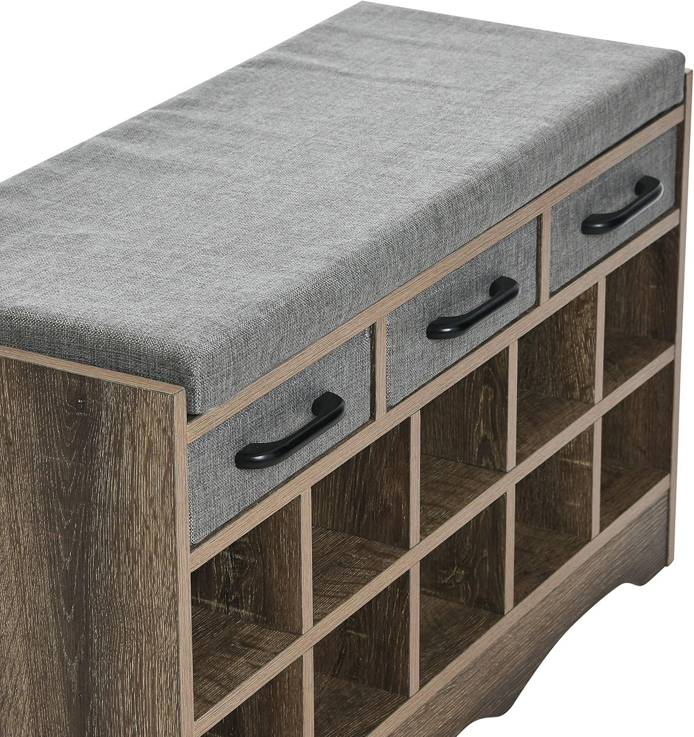 image:imageHousehold Essentials Entryway Storage Bench with 3 Beige Drawers 10 Shoe Compartments and Cushioned Seat in Coastal Oak Rustic Wood GrainAshwood Finish