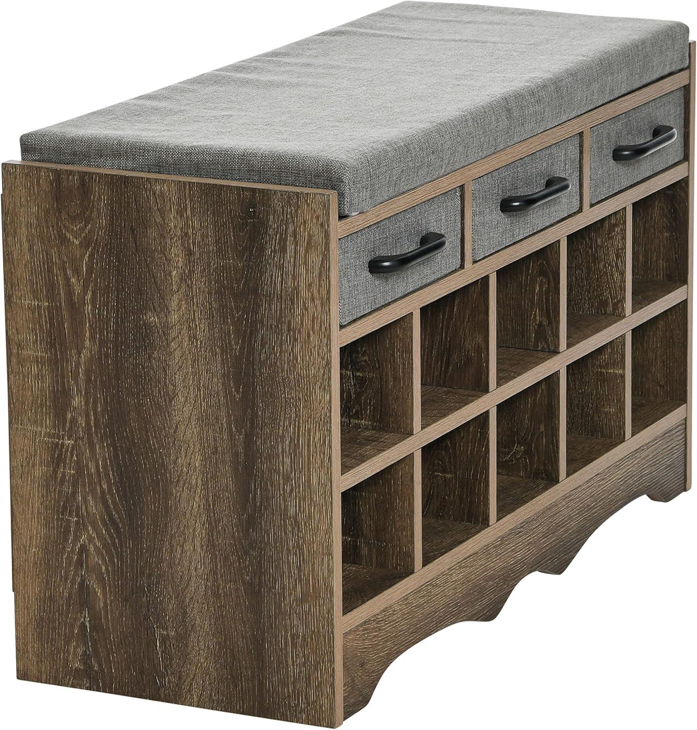image:imageHousehold Essentials Entryway Storage Bench with 3 Beige Drawers 10 Shoe Compartments and Cushioned Seat in Coastal Oak Rustic Wood GrainAshwood Finish