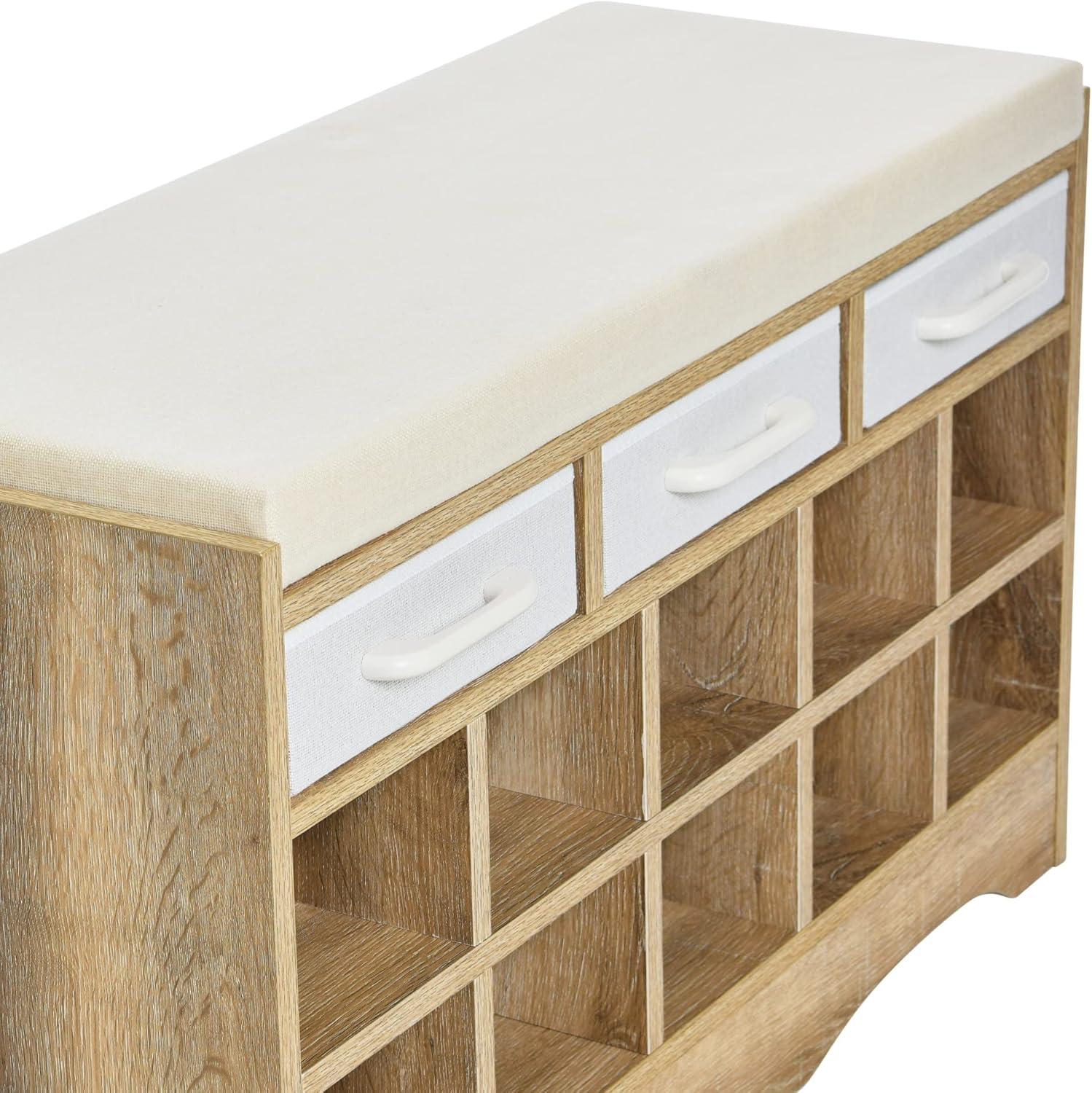 image:imageHousehold Essentials Entryway Storage Bench with 3 Beige Drawers 10 Shoe Compartments and Cushioned Seat in Coastal Oak Rustic Wood GrainCoastal Oak Finish