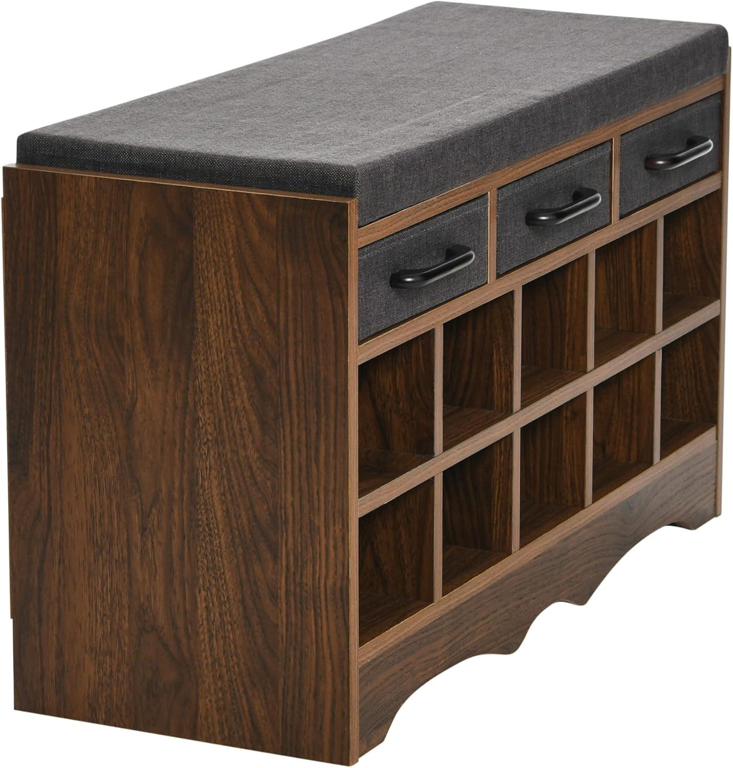 image:imageHousehold Essentials Entryway Storage Bench with 3 Beige Drawers 10 Shoe Compartments and Cushioned Seat in Coastal Oak Rustic Wood GrainWalnut Wood FinishGrey