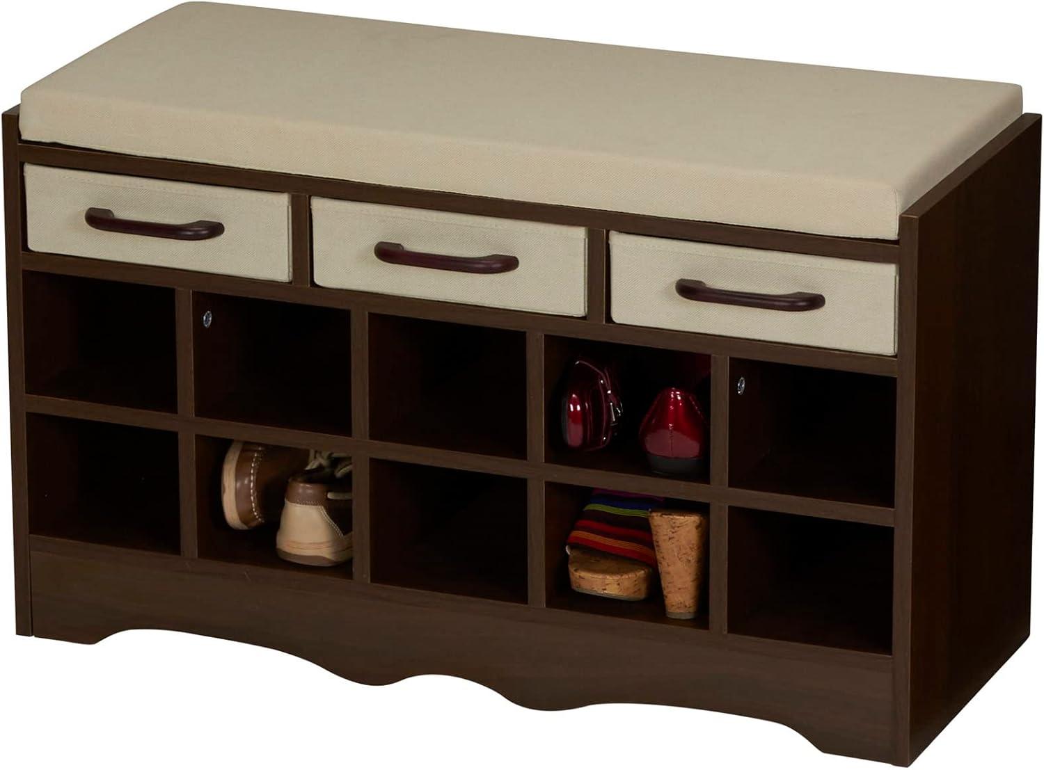 image:imageHousehold Essentials Entryway Storage Bench with 3 Beige Drawers 10 Shoe Compartments and Cushioned Seat in Coastal Oak Rustic Wood GrainWalnut Wood FinishBeige
