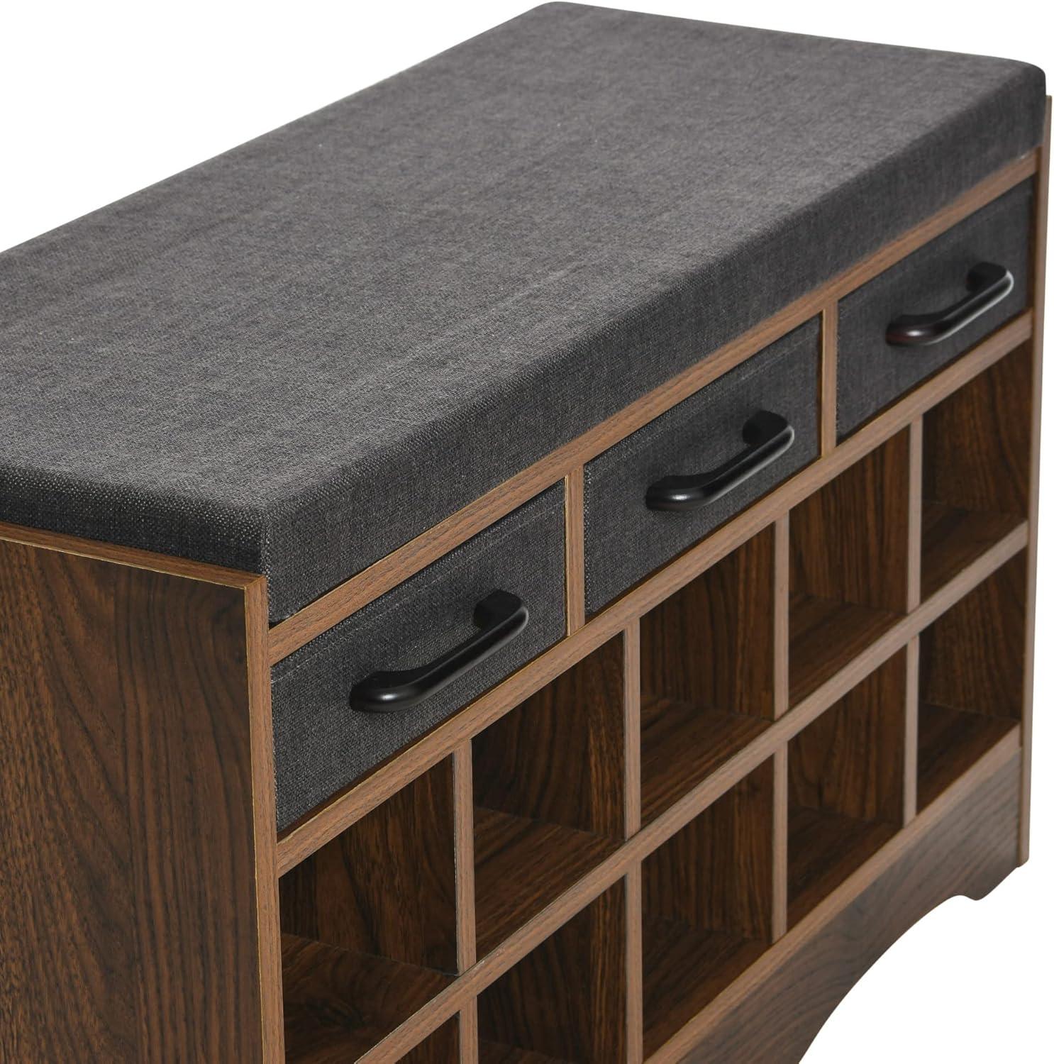 image:imageHousehold Essentials Entryway Storage Bench with 3 Beige Drawers 10 Shoe Compartments and Cushioned Seat in Coastal Oak Rustic Wood GrainWalnut Wood FinishGrey
