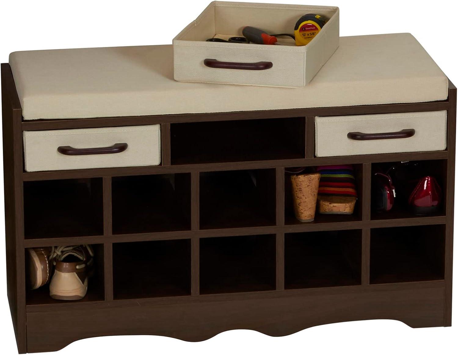 image:imageHousehold Essentials Entryway Storage Bench with 3 Beige Drawers 10 Shoe Compartments and Cushioned Seat in Coastal Oak Rustic Wood GrainWalnut Wood FinishBeige