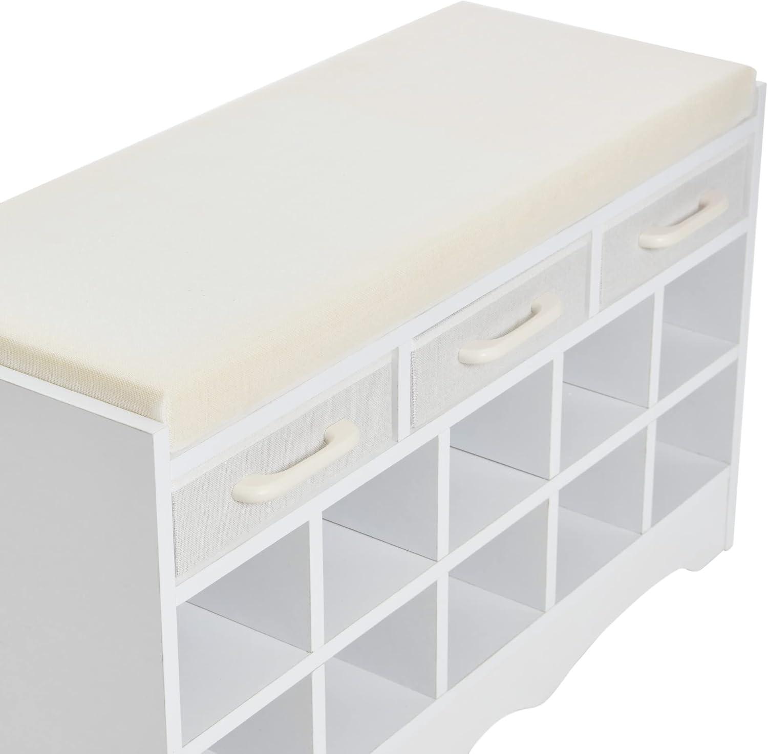 image:imageHousehold Essentials Entryway Storage Bench with 3 Beige Drawers 10 Shoe Compartments and Cushioned Seat in Coastal Oak Rustic Wood GrainWhite