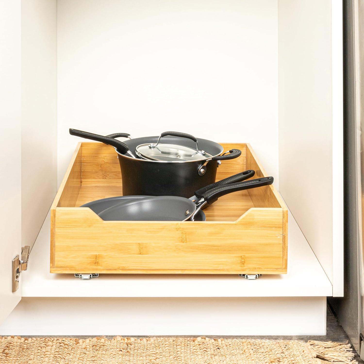 image:imageHousehold Essentials Glidez Bamboo and Steel PullOutSlideOut Storage Organizer for Under Cabinet Use 1Tier Design Fits Standard Size Cabinet or Shelf NaturalSingle Tier