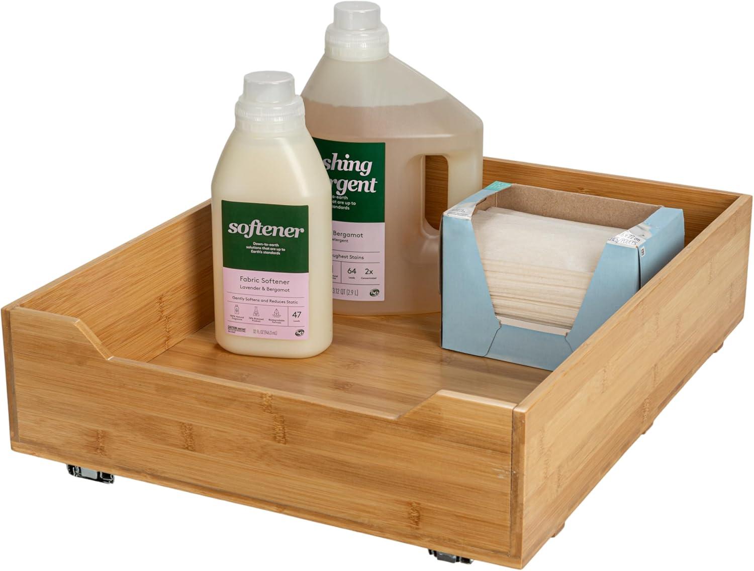 image:imageHousehold Essentials Glidez Bamboo and Steel PullOutSlideOut Storage Organizer for Under Cabinet Use 1Tier Design Fits Standard Size Cabinet or Shelf NaturalSingle Tier