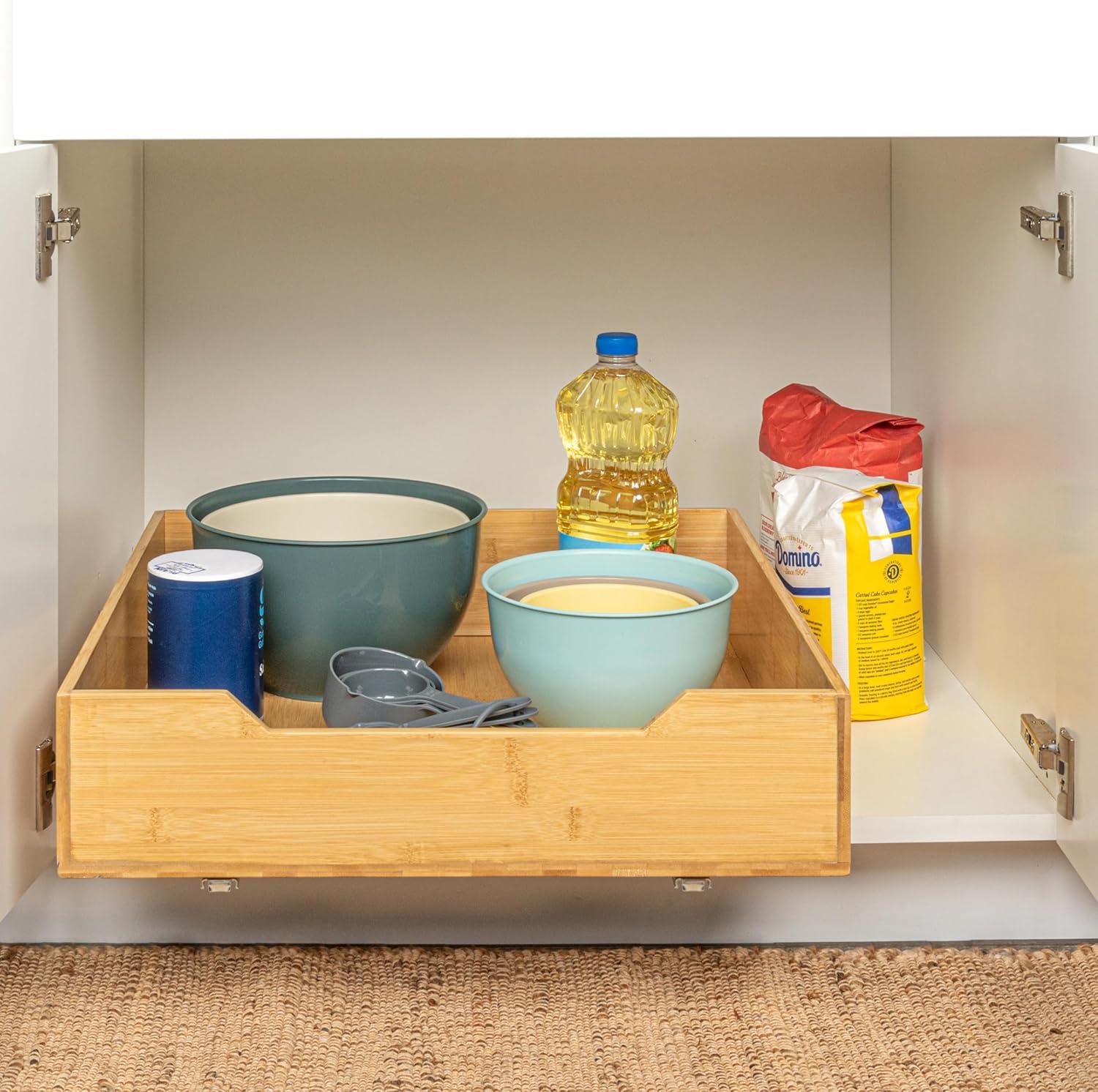 image:imageHousehold Essentials Glidez Bamboo and Steel PullOutSlideOut Storage Organizer for Under Cabinet Use 1Tier Design Fits Standard Size Cabinet or Shelf NaturalSingle Tier