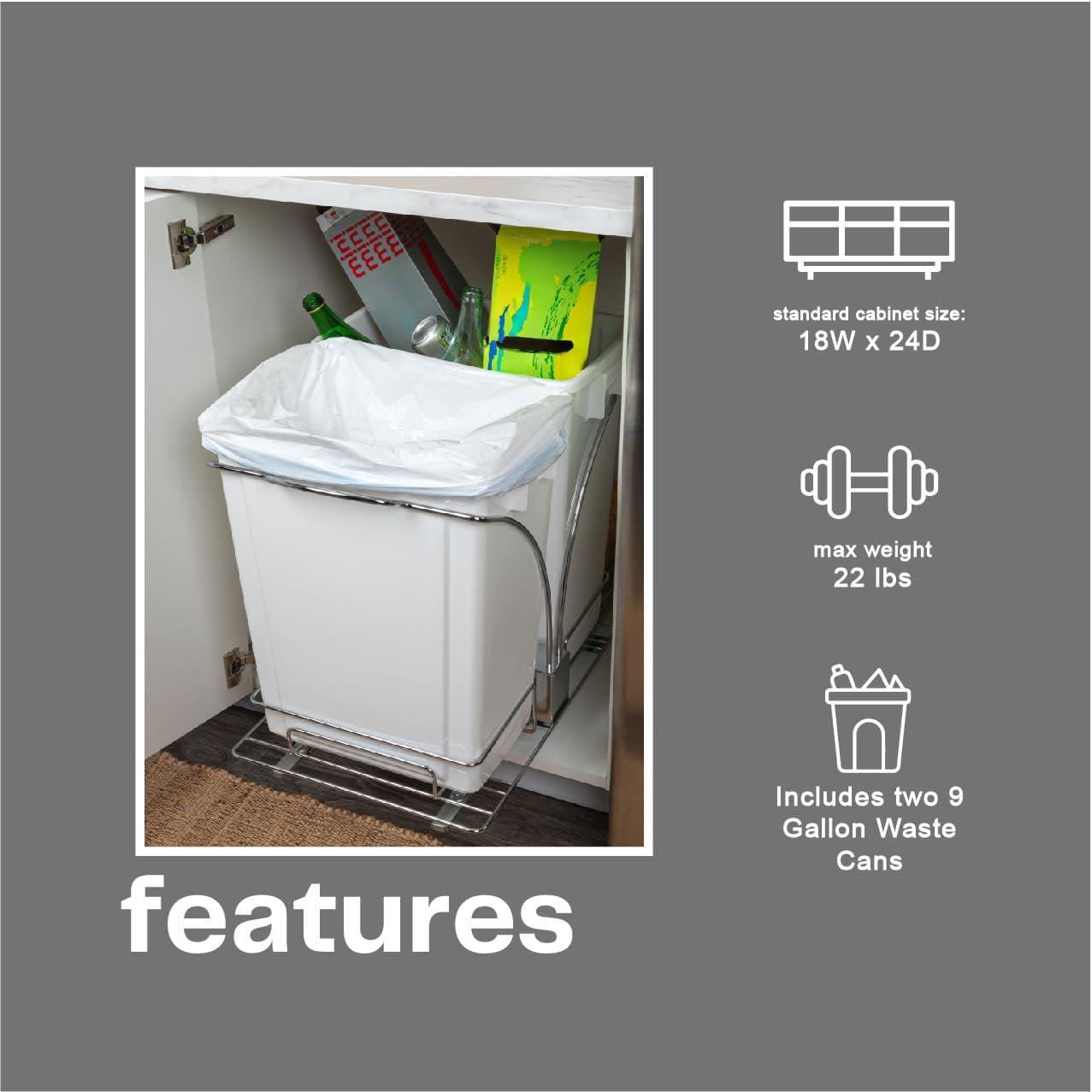 image:imageHousehold Essentials Glidez ChromePlated Steel PullOutSlideOut Discreet Double 9 Gallon Plastic Trash Cans and Recycling Bins for Under Cabinet Use Fits Standard Size Cabinet Chrome and WhiteWhite