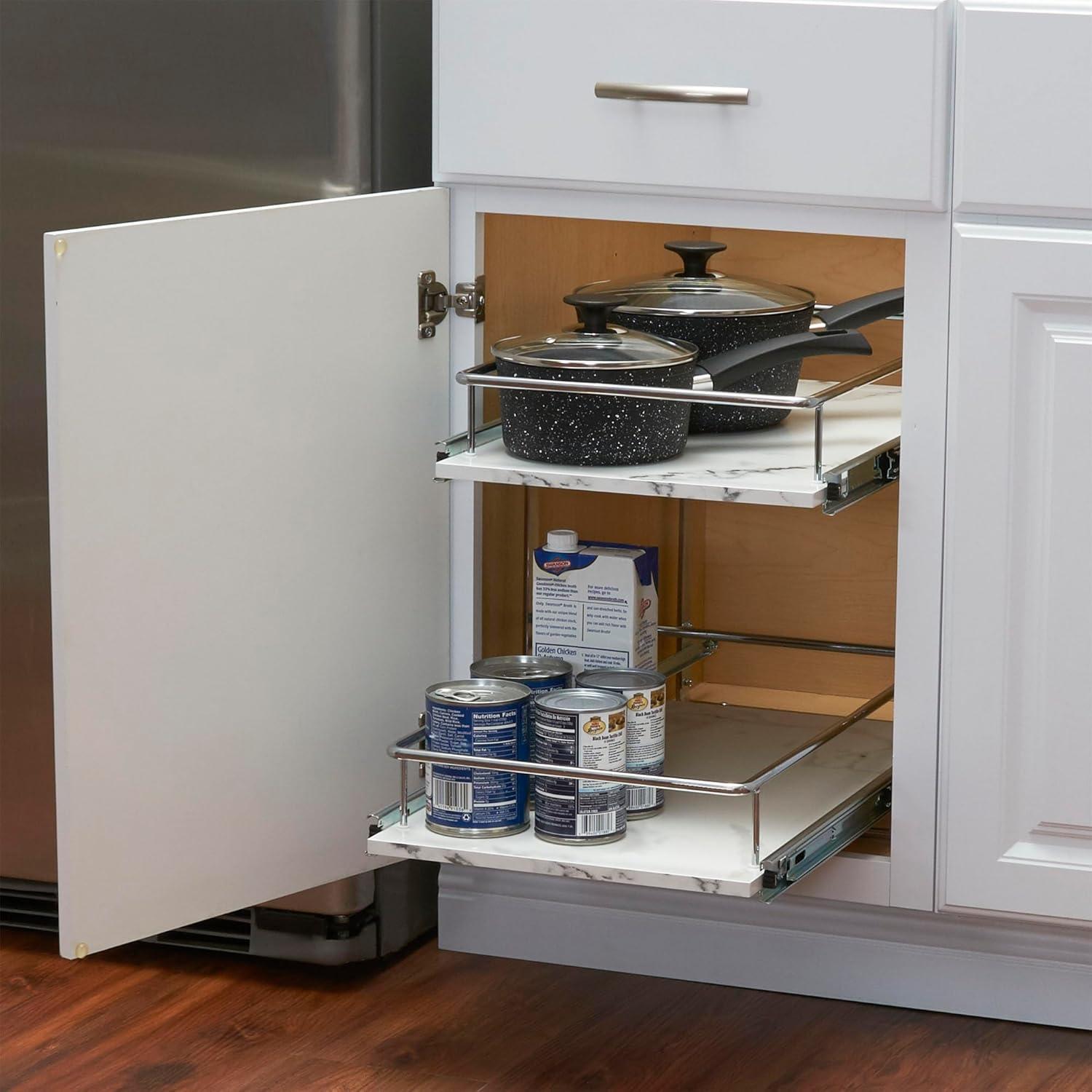 image:imageHousehold Essentials Glidez ChromePlated Steel and Faux Marble PullOutSlideOut Storage Organizer for Under Sink or Cabinet 2Tier Design Fits Standard Size Cabinet or Shelf White and ChromeDual Slide