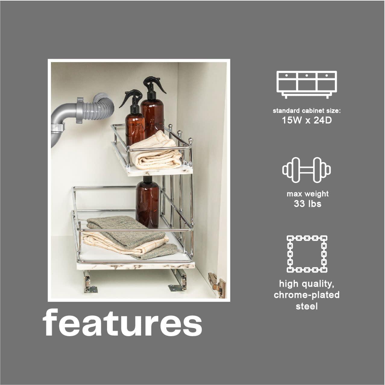 image:imageHousehold Essentials Glidez ChromePlated Steel and Faux Marble PullOutSlideOut Storage Organizer for Under Sink or Cabinet 2Tier Design Fits Standard Size Cabinet or Shelf White and ChromeUndersink