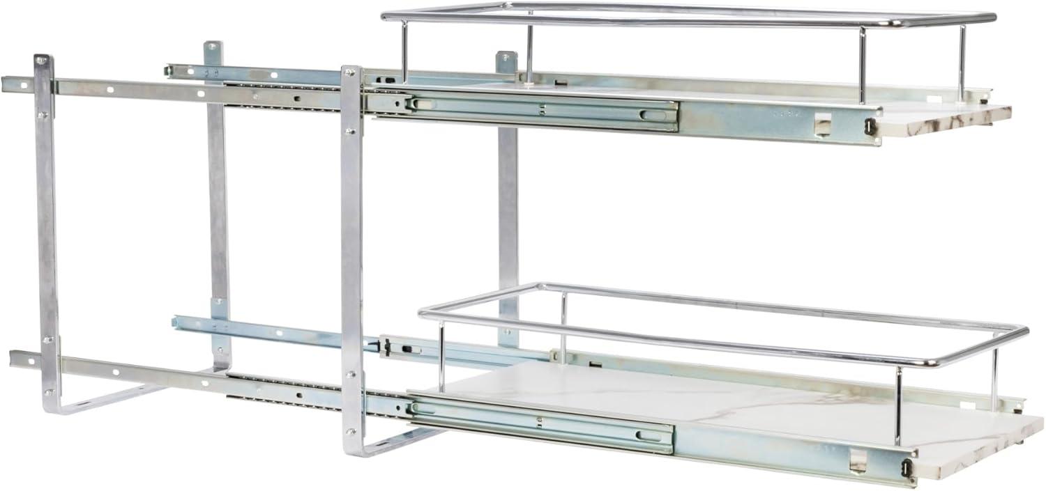 image:imageHousehold Essentials Glidez ChromePlated Steel and Faux Marble PullOutSlideOut Storage Organizer for Under Sink or Cabinet 2Tier Design Fits Standard Size Cabinet or Shelf White and ChromeDual Slide