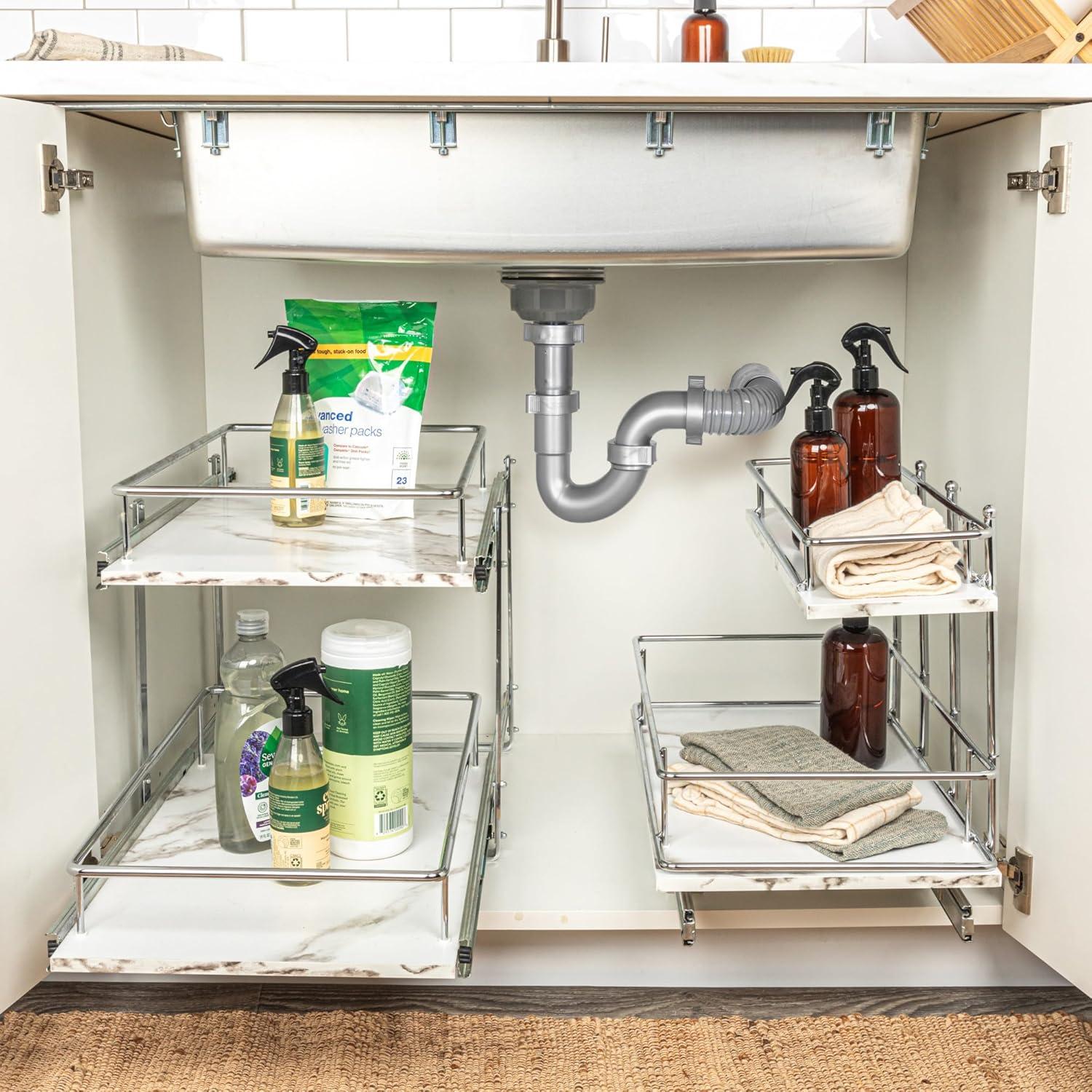 image:imageHousehold Essentials Glidez ChromePlated Steel and Faux Marble PullOutSlideOut Storage Organizer for Under Sink or Cabinet 2Tier Design Fits Standard Size Cabinet or Shelf White and ChromeDual Slide