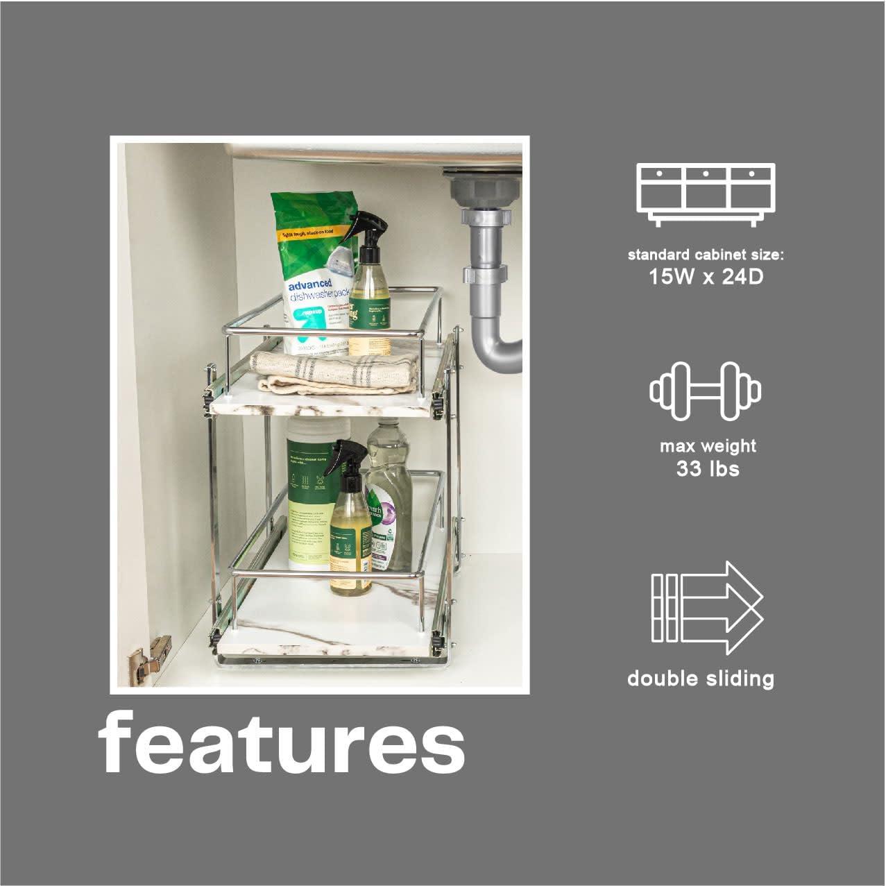 image:imageHousehold Essentials Glidez ChromePlated Steel and Faux Marble PullOutSlideOut Storage Organizer for Under Sink or Cabinet 2Tier Design Fits Standard Size Cabinet or Shelf White and ChromeDual Slide