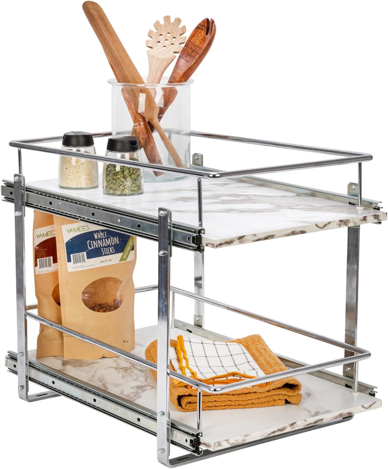image:imageHousehold Essentials Glidez ChromePlated Steel and Faux Marble PullOutSlideOut Storage Organizer for Under Sink or Cabinet 2Tier Design Fits Standard Size Cabinet or Shelf White and ChromeDual Slide