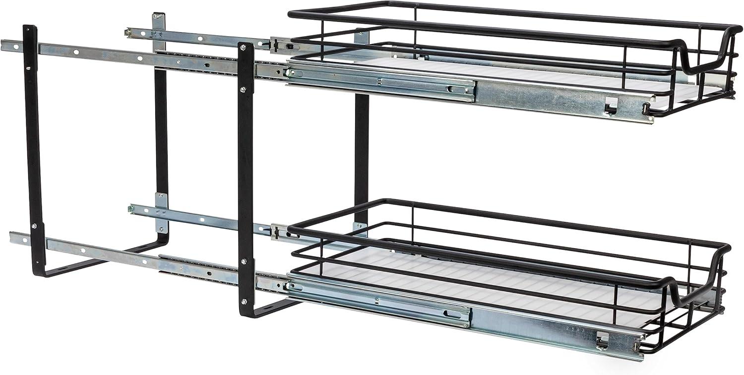 image:imageHousehold Essentials Glidez PowderCoated Steel PullOutSlideOut Basket Storage Organizer for Under Sink or Under Cabinet Use 2Tier Design Fits Standard Size Cabinet or Shelf WhiteBlack