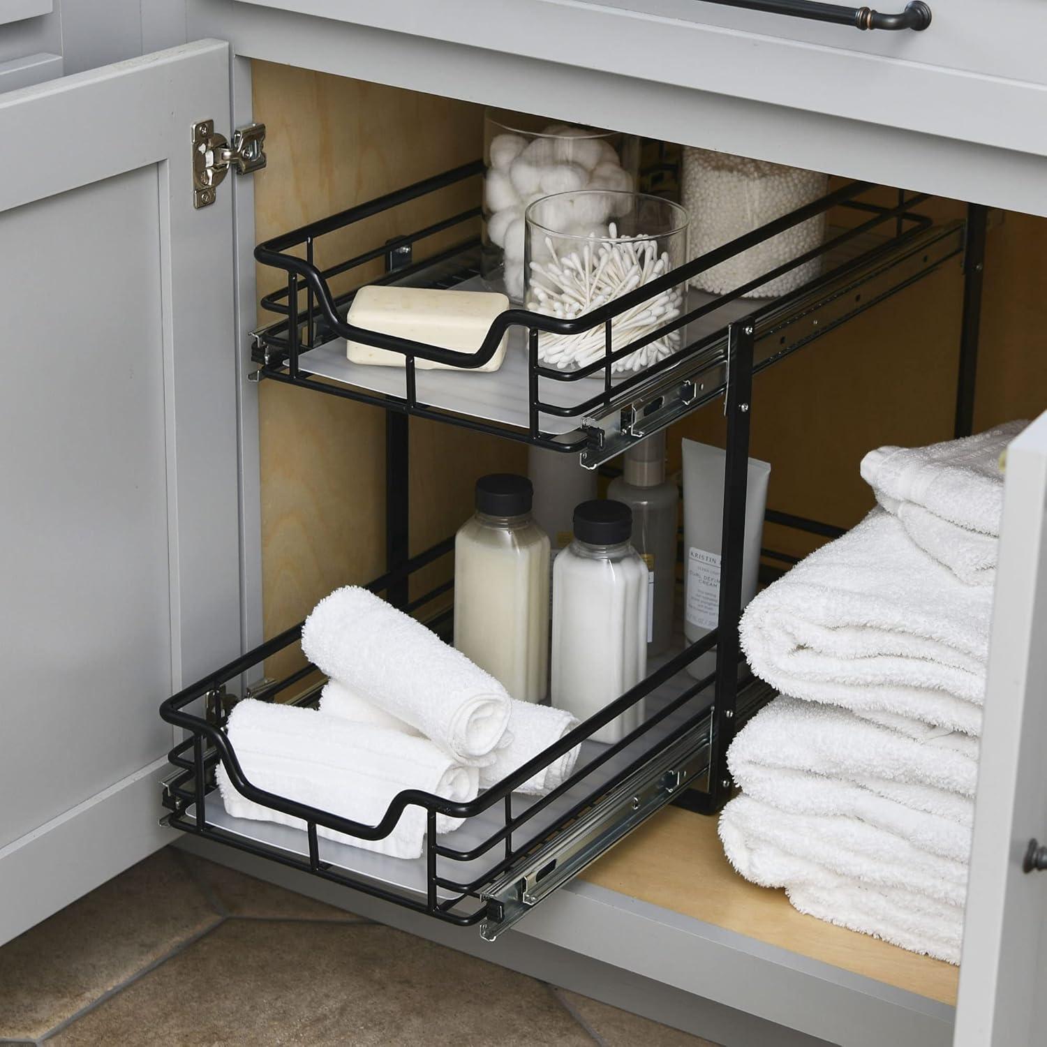image:imageHousehold Essentials Glidez PowderCoated Steel PullOutSlideOut Basket Storage Organizer for Under Sink or Under Cabinet Use 2Tier Design Fits Standard Size Cabinet or Shelf WhiteBlack