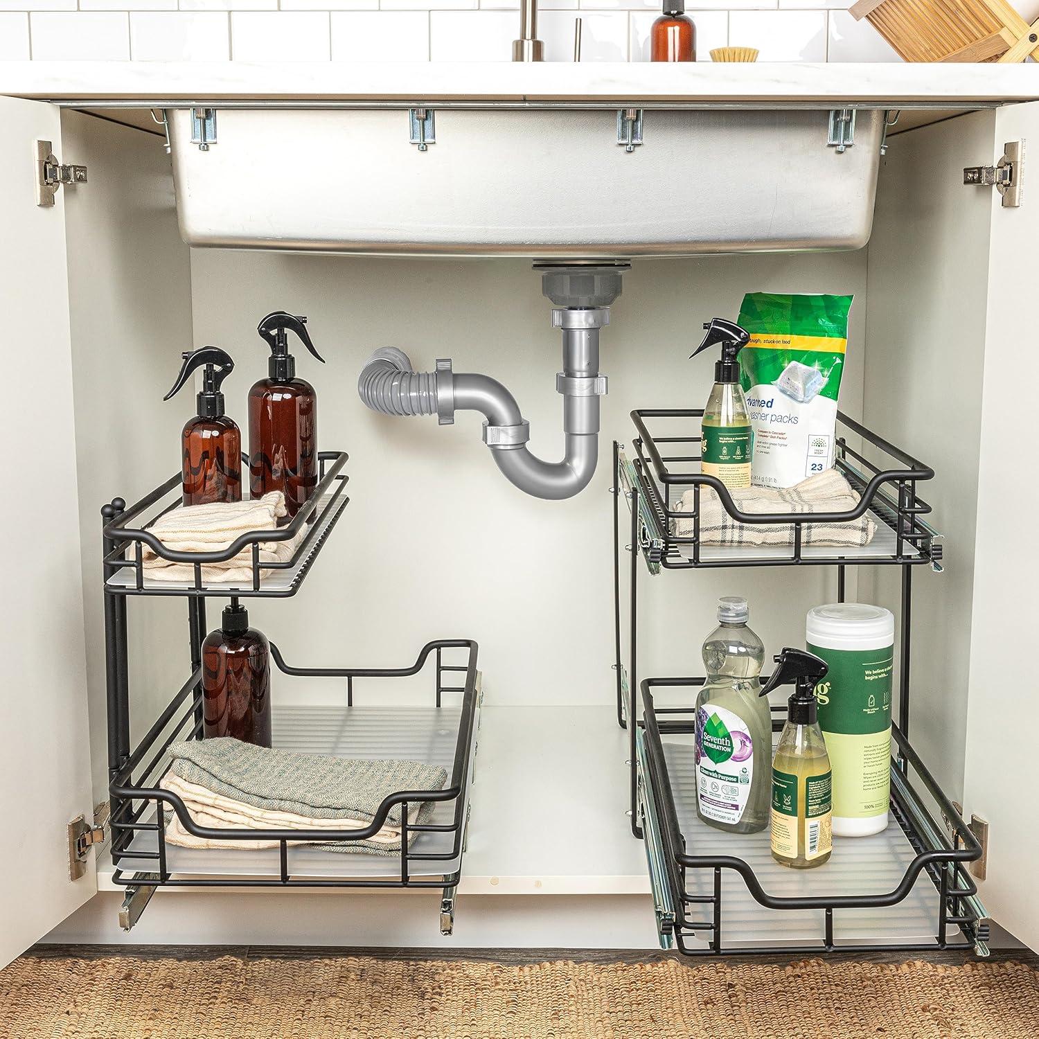 image:imageHousehold Essentials Glidez PowderCoated Steel PullOutSlideOut Basket Storage Organizer for Under Sink or Under Cabinet Use 2Tier Design Fits Standard Size Cabinet or Shelf WhiteBlack