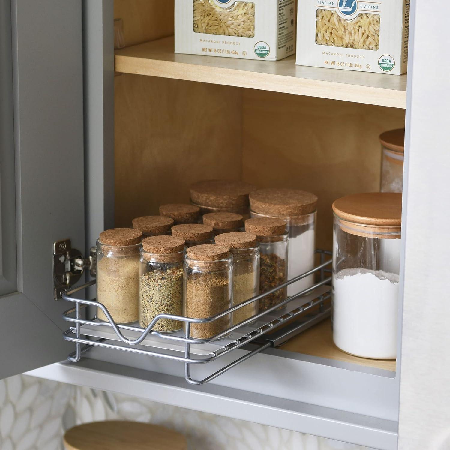 image:imageHousehold Essentials Glidez PowderCoated Steel PullOutSlideOut Storage Organizer with Plastic Liners for Spice Rack Use 2 Tier Design Fits Standard Size Cabinet or Shelf Brushed Silver1Tier