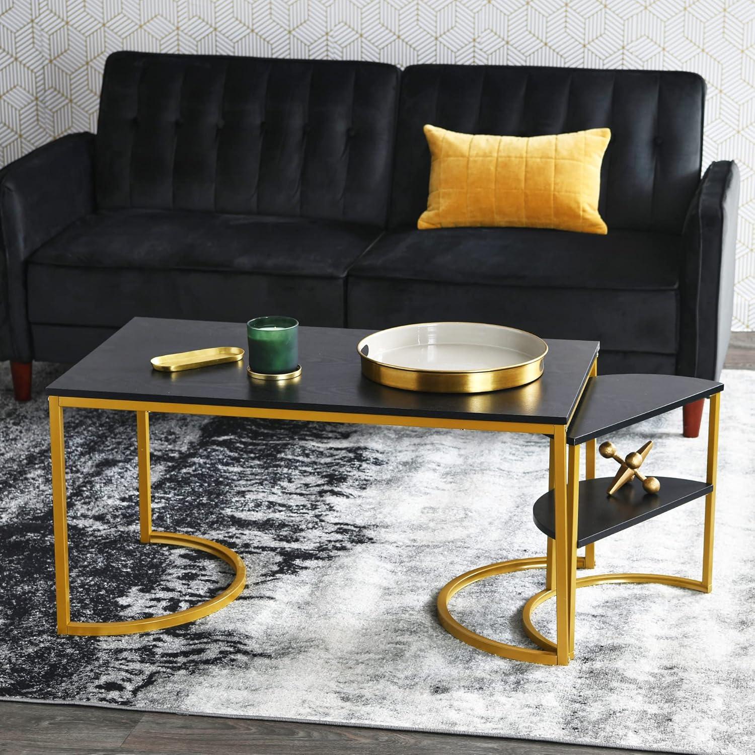 image:imageHousehold Essentials Half Moon Rectangular Coffee Table Black Oak Wood Grain and Gold MetalBlack Oak