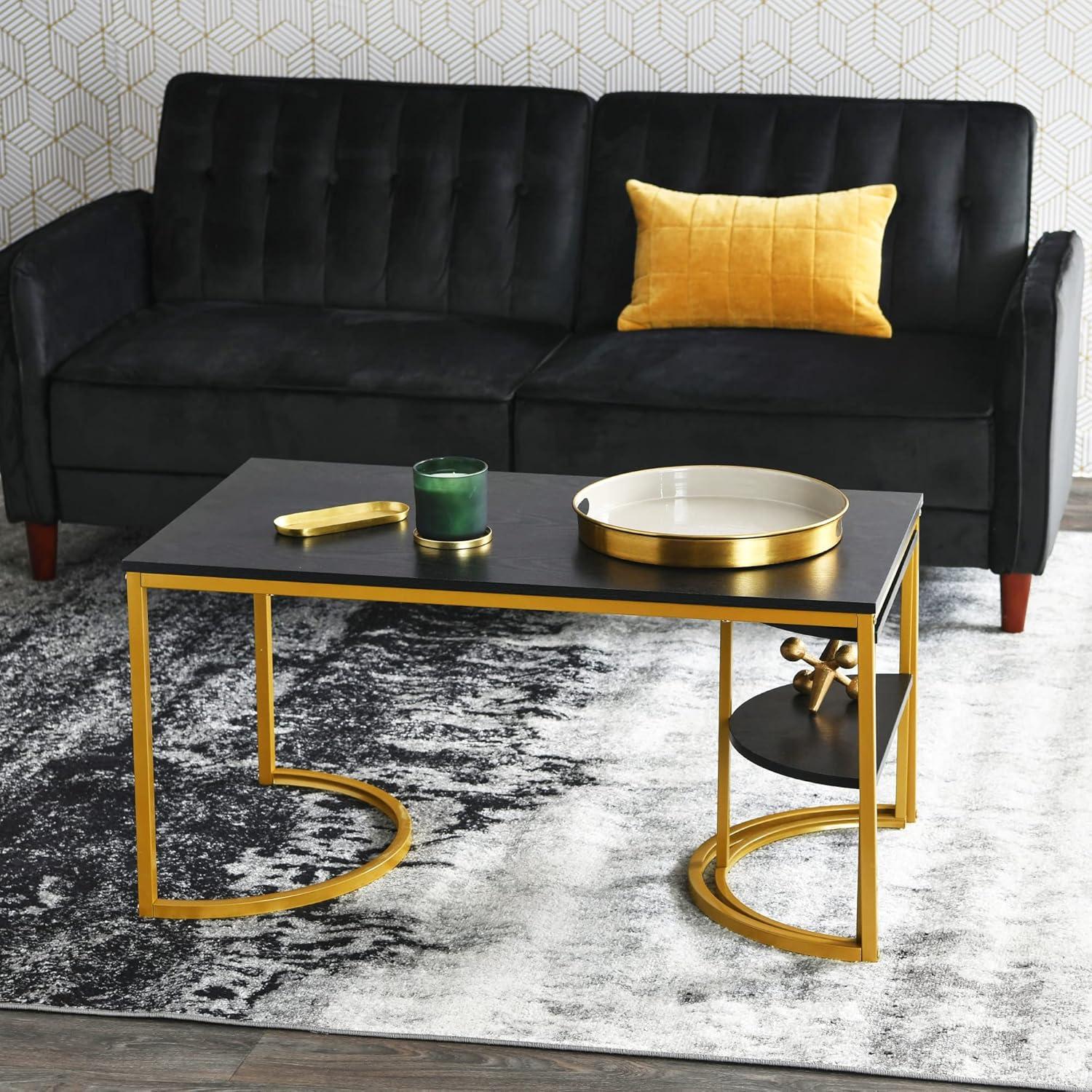 image:imageHousehold Essentials Half Moon Rectangular Coffee Table Black Oak Wood Grain and Gold MetalBlack Oak