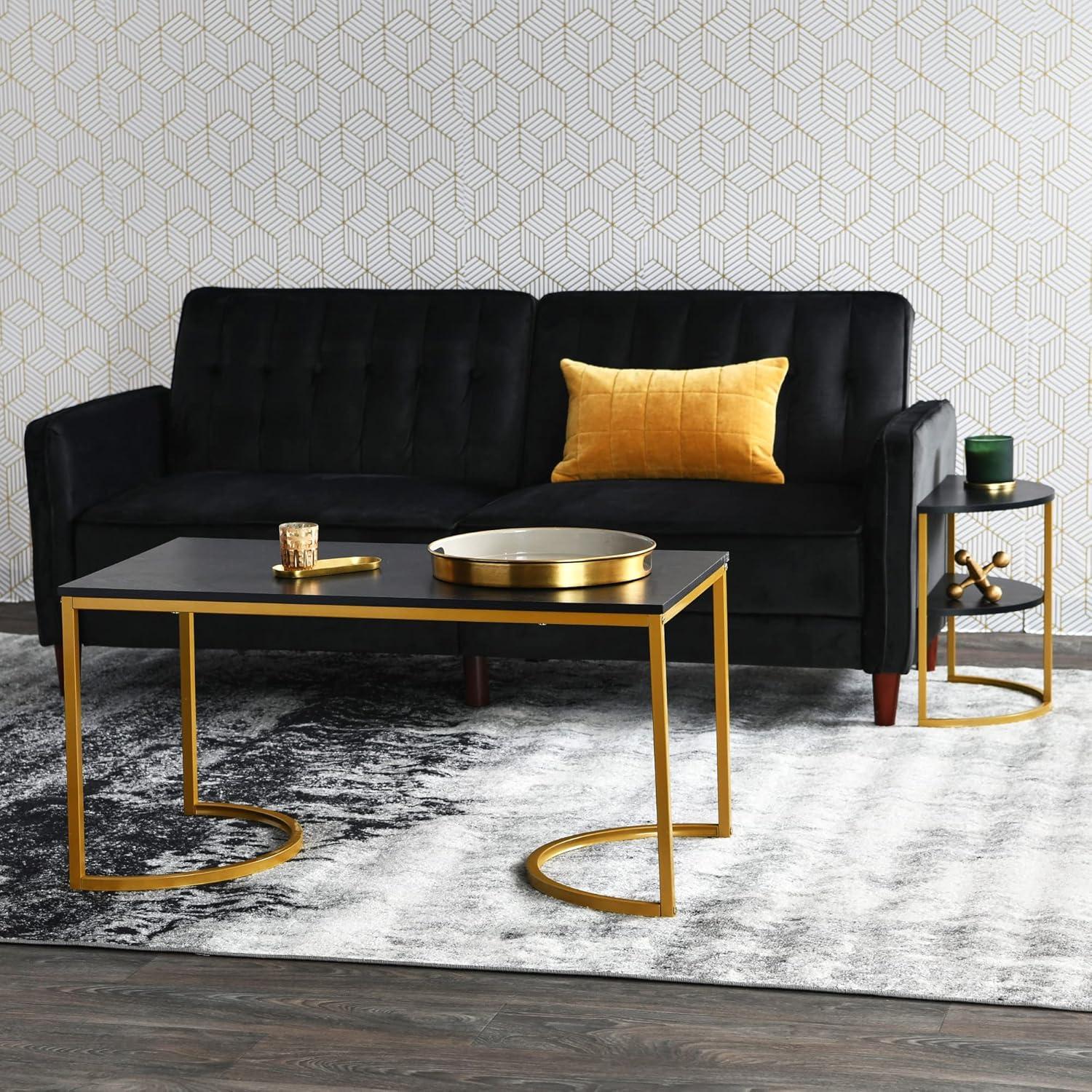 image:imageHousehold Essentials Half Moon Rectangular Coffee Table Black Oak Wood Grain and Gold MetalBlack Oak