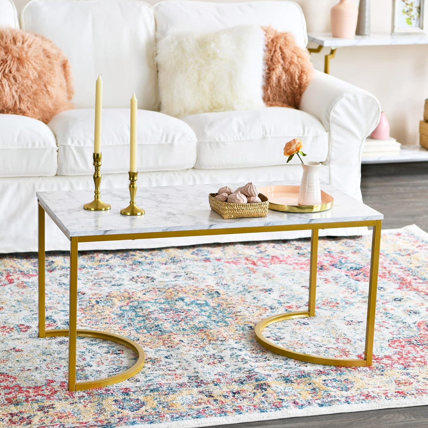 image:imageHousehold Essentials Half Moon Rectangular Coffee Table Black Oak Wood Grain and Gold MetalWhite Marble
