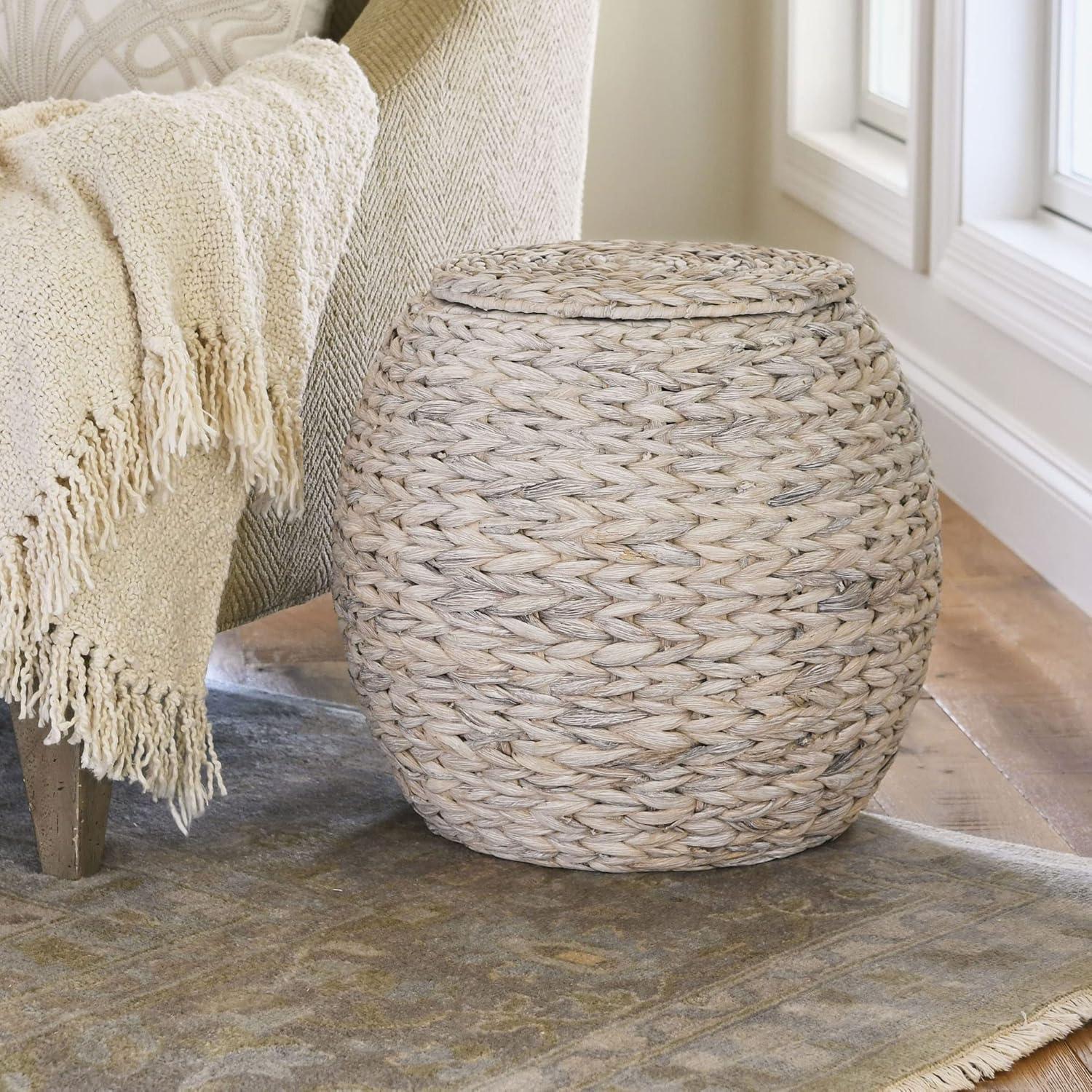 image:imageHousehold Essentials Handwoven Paper Rope Barrel Wicker Storage Basket Side Table BrownCream Water Hyacinth
