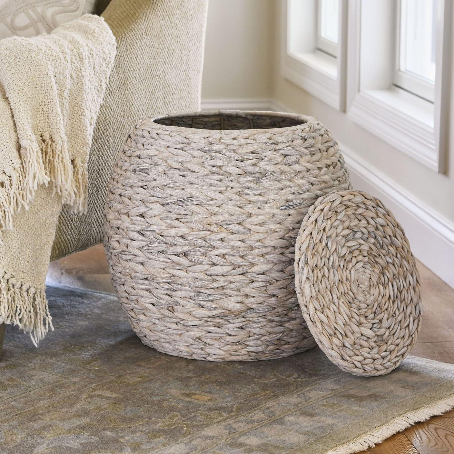 image:imageHousehold Essentials Handwoven Paper Rope Barrel Wicker Storage Basket Side Table BrownCream Water Hyacinth