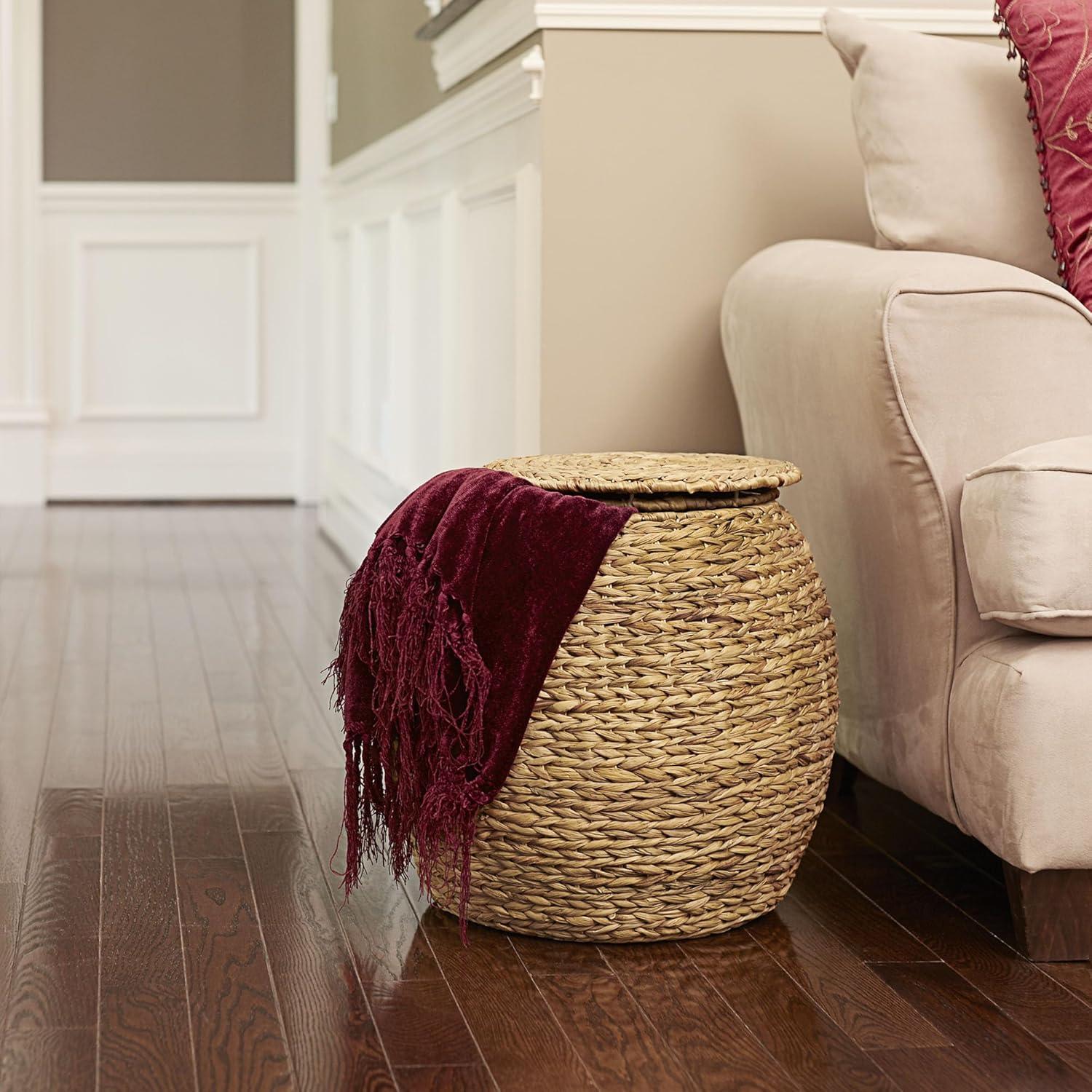 image:imageHousehold Essentials Handwoven Paper Rope Barrel Wicker Storage Basket Side Table BrownNatural Water Hyacinth