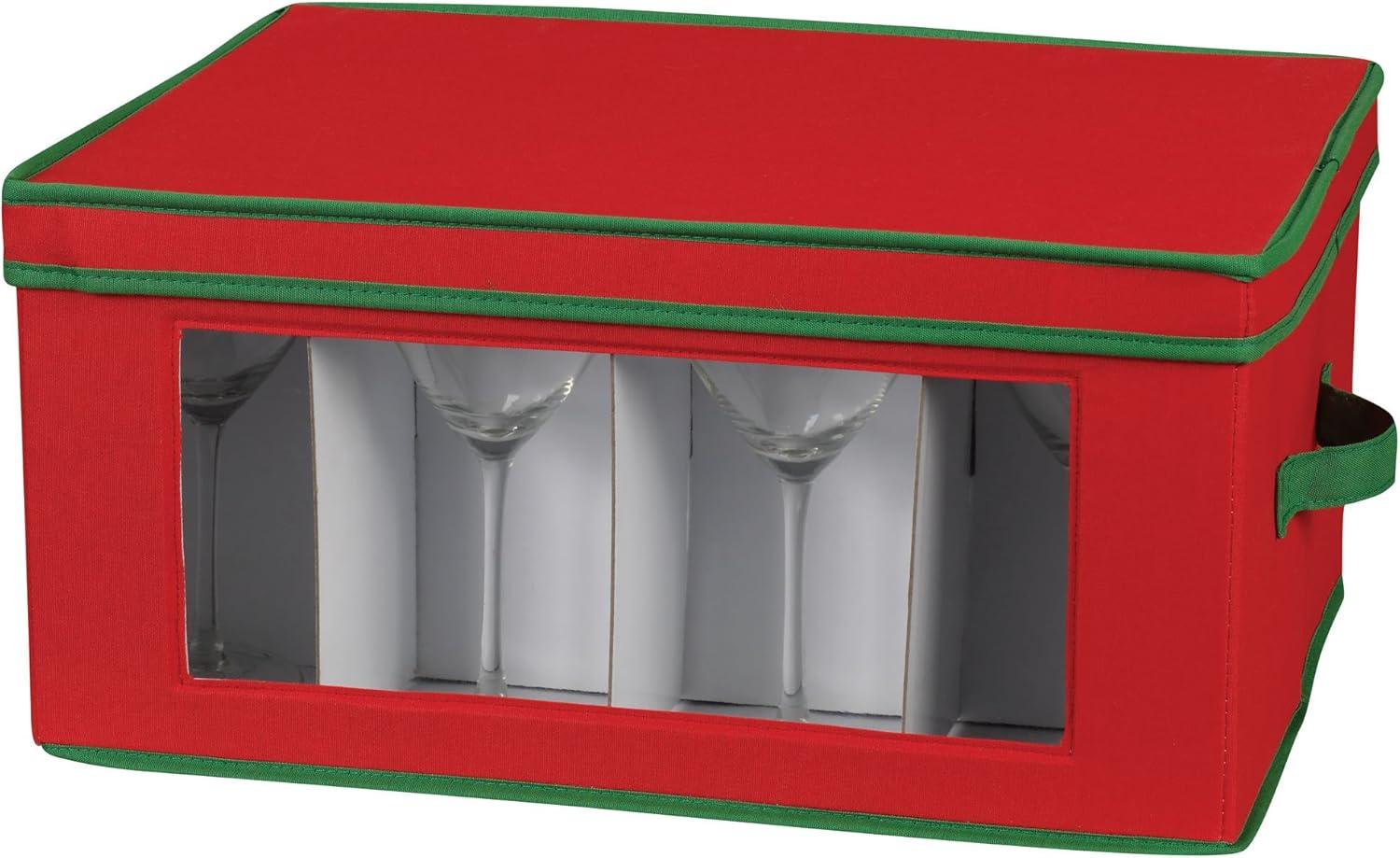 image:imageHousehold Essentials Holiday Stemware Storage Box Windowed Storage with Lid 12 Storage Compartments Double Handles Perfect for Storing Special Occasion Glassware Red with Green TrimRed