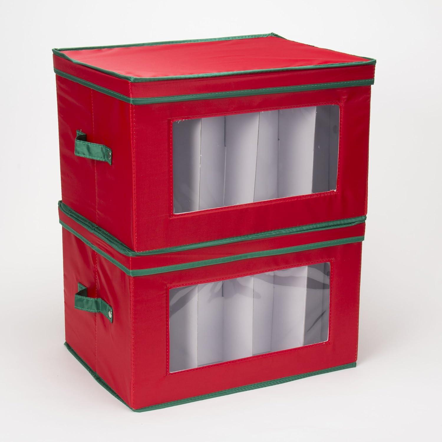 image:imageHousehold Essentials Holiday Stemware Storage Box Windowed Storage with Lid 12 Storage Compartments Double Handles Perfect for Storing Special Occasion Glassware Red with Green TrimRed