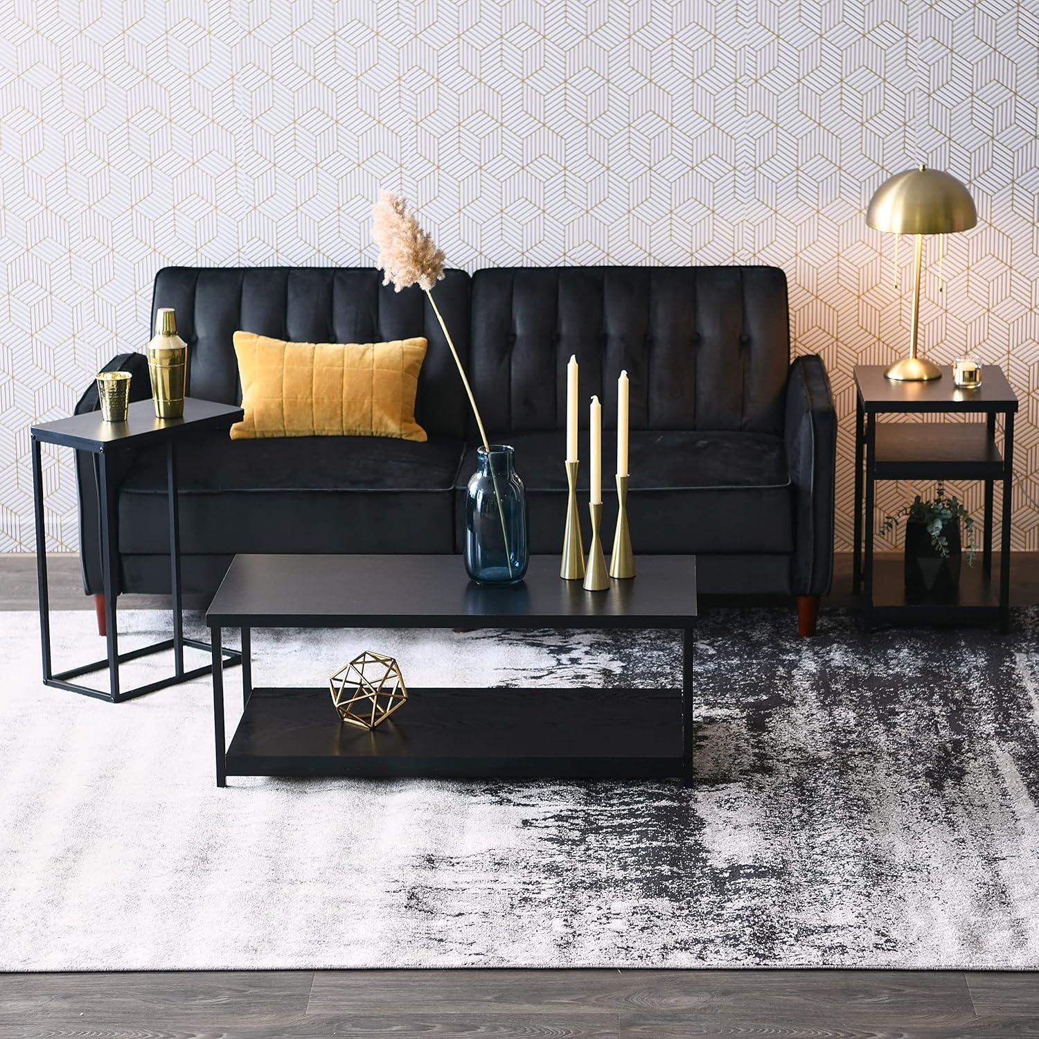 image:imageHousehold Essentials Jamestown CShaped for Accessibility Side End Table Black Oak Wood Grain and Black Metal