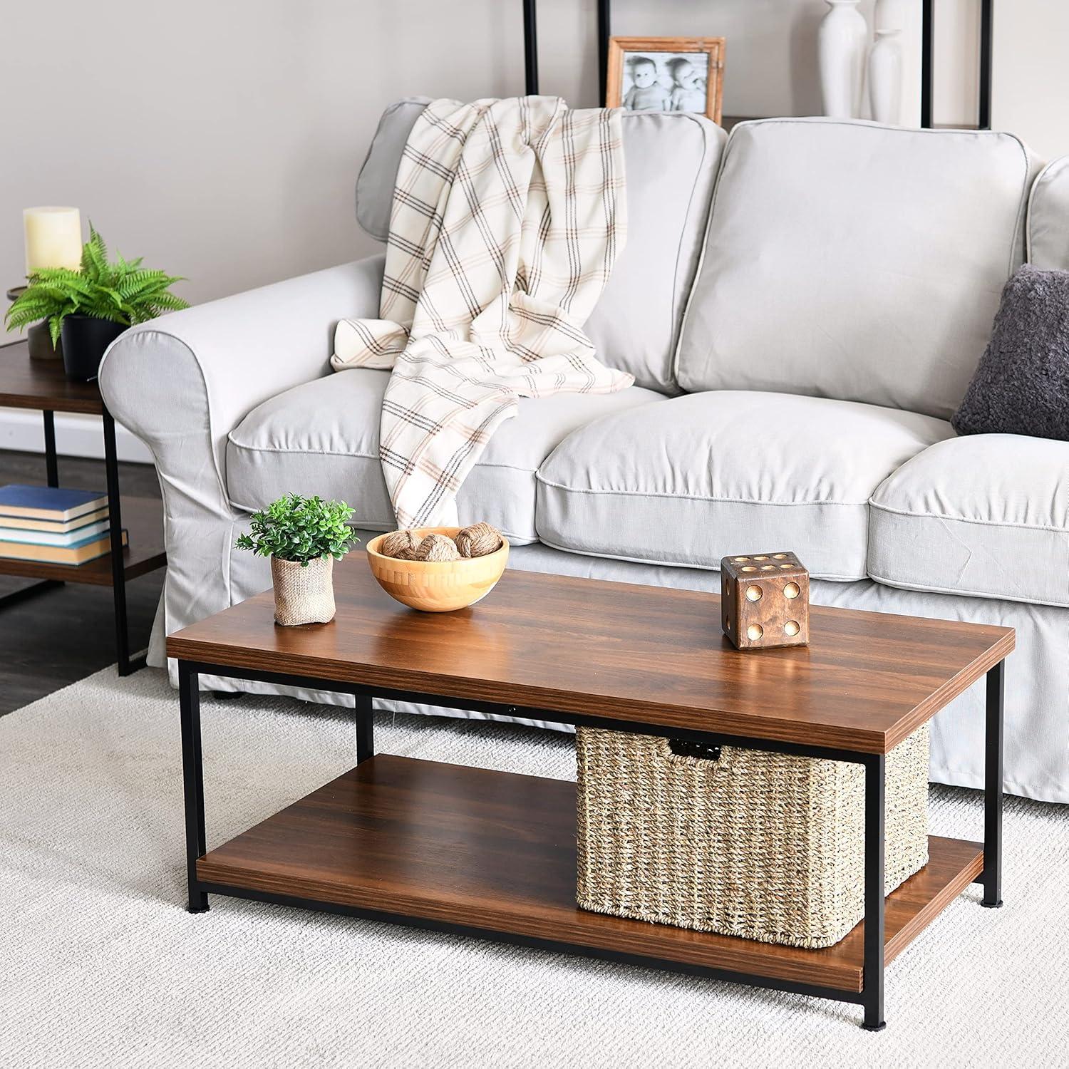 image:imageHousehold Essentials Jamestown Rectangular Coffee Table with Storage Shelf Coastal Oak Rustic Wood Grain and White MetalBrown