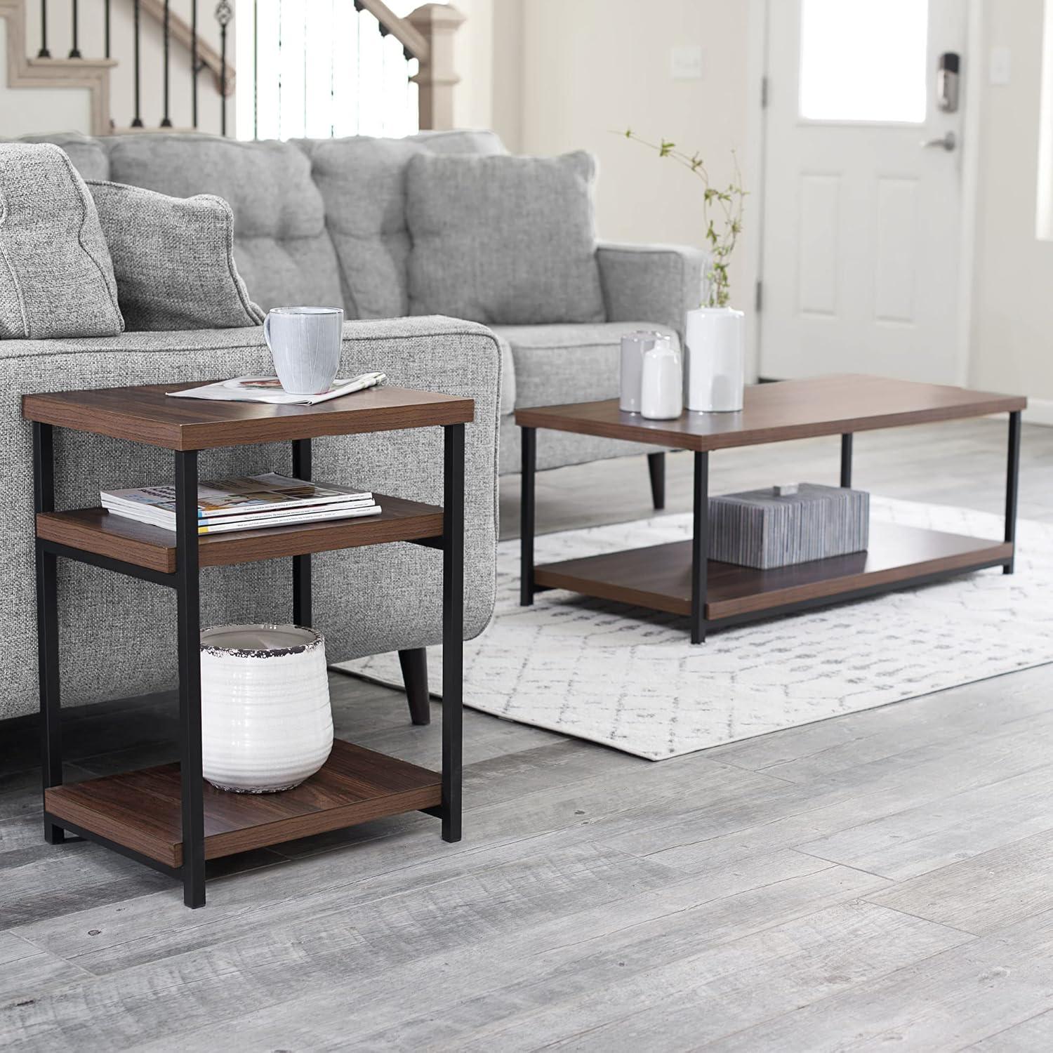 image:imageHousehold Essentials Jamestown Rectangular Coffee Table with Storage Shelf Coastal Oak Rustic Wood Grain and White MetalBrown