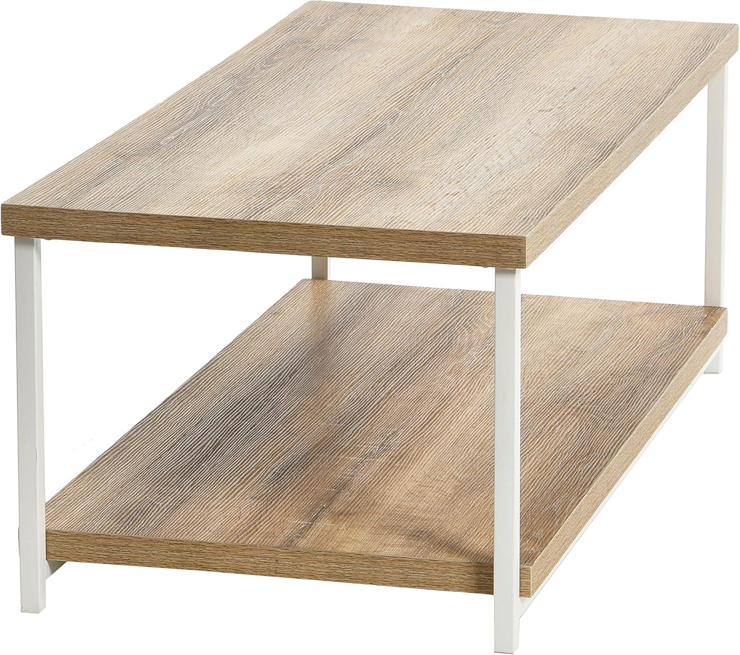 image:imageHousehold Essentials Jamestown Rectangular Coffee Table with Storage Shelf Coastal Oak Rustic Wood Grain and White MetalDistressed White