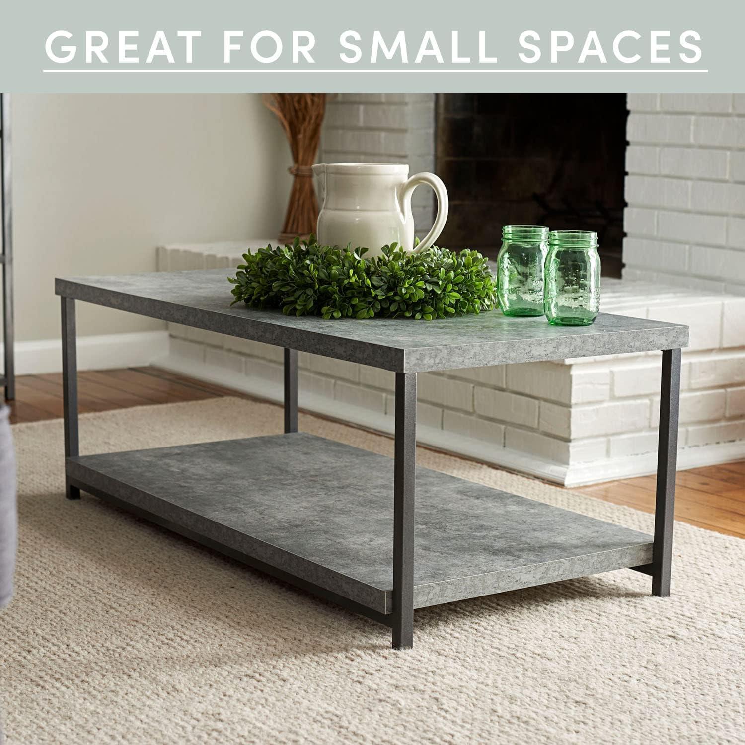 image:imageHousehold Essentials Jamestown Rectangular Coffee Table with Storage Shelf Coastal Oak Rustic Wood Grain and White MetalGrey