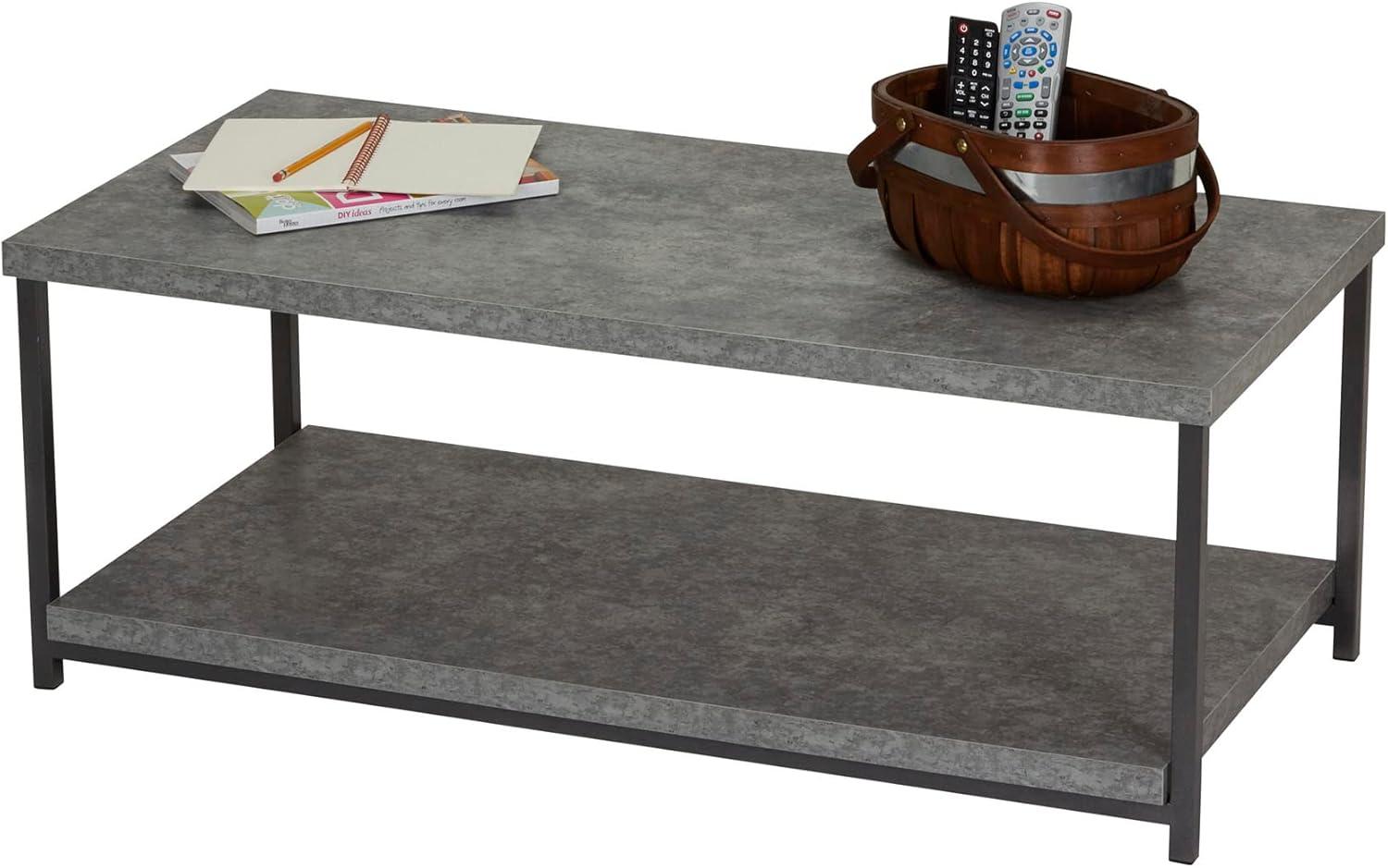 image:imageHousehold Essentials Jamestown Rectangular Coffee Table with Storage Shelf Coastal Oak Rustic Wood Grain and White MetalGrey