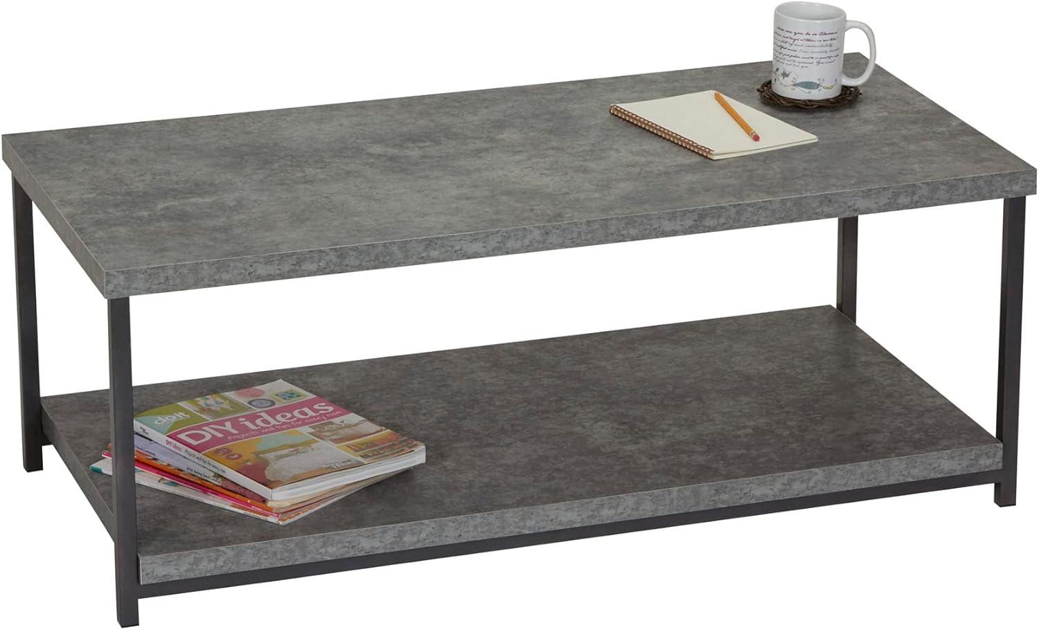 image:imageHousehold Essentials Jamestown Rectangular Coffee Table with Storage Shelf Coastal Oak Rustic Wood Grain and White MetalGrey
